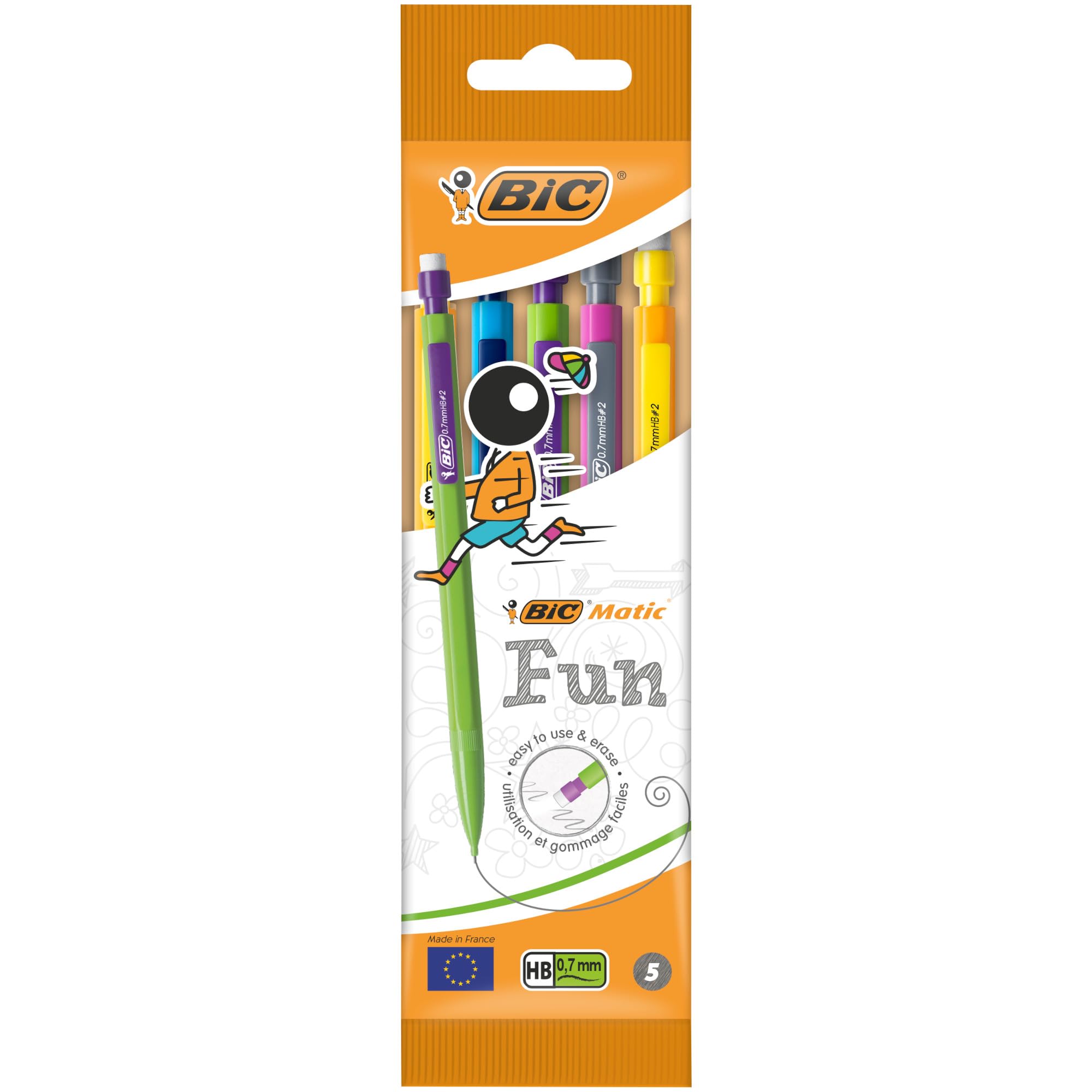 BIC Matic Fun, HB Mechanical Pencils and Eraser, Assorted Barrel Colours with Fine ,Yellow,Blue,Green,White,Pink,Point (0.7mm), Pack of 5,Yellow,Blue,Green,White,Pink