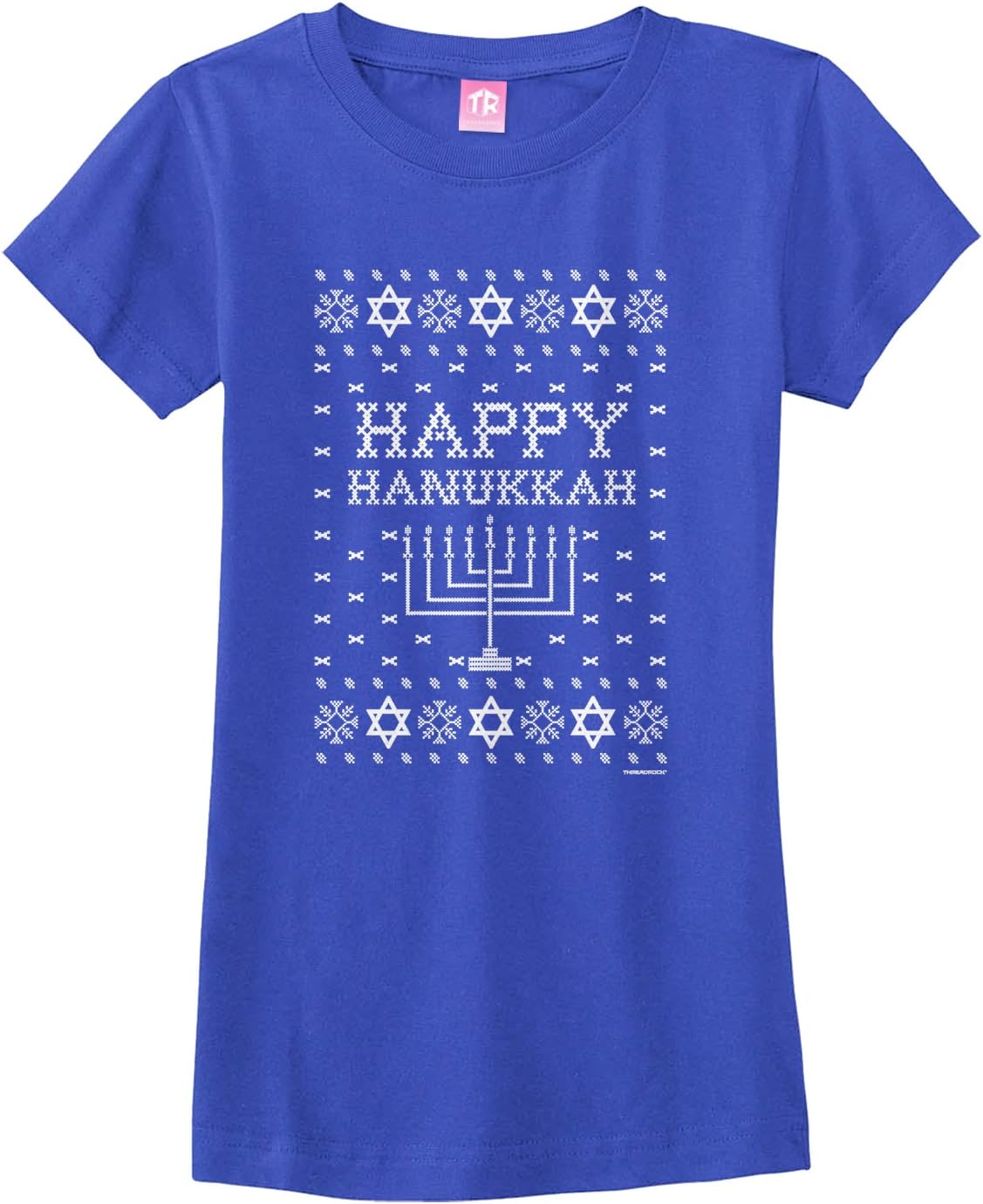 Threadrock Big Girls' Happy Hanukkah (Ugly Sweater) Fitted T-Shirt