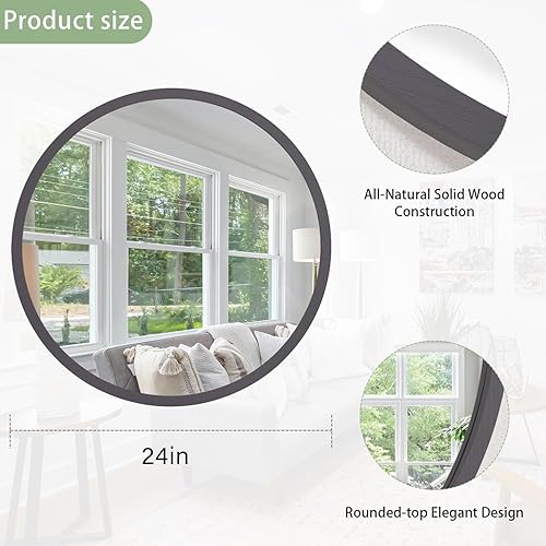 Miniatura 63 de JJUUYOU Espejo circular de pared redondo para baño, espejo de tocador gris, pequeño círculo decorativo para pared, marco de madera, espejo