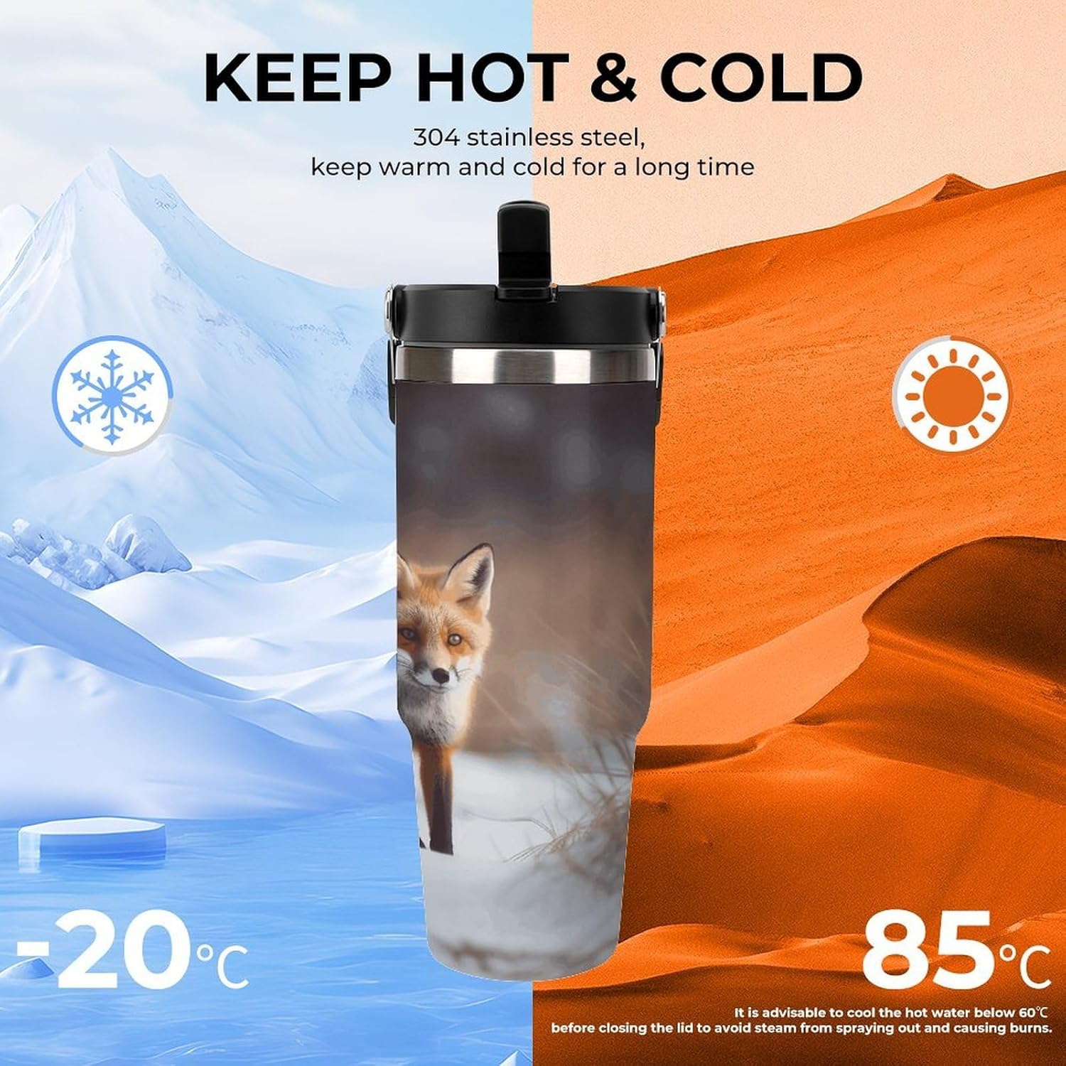 Cute Fox Water Bottle 30 Oz Fits Car Cup Holder,Insulated Coffee Mug Large Capacity Car Cups,Stainless Steel Double Wall Sport Bottle for Travel Sports Gym