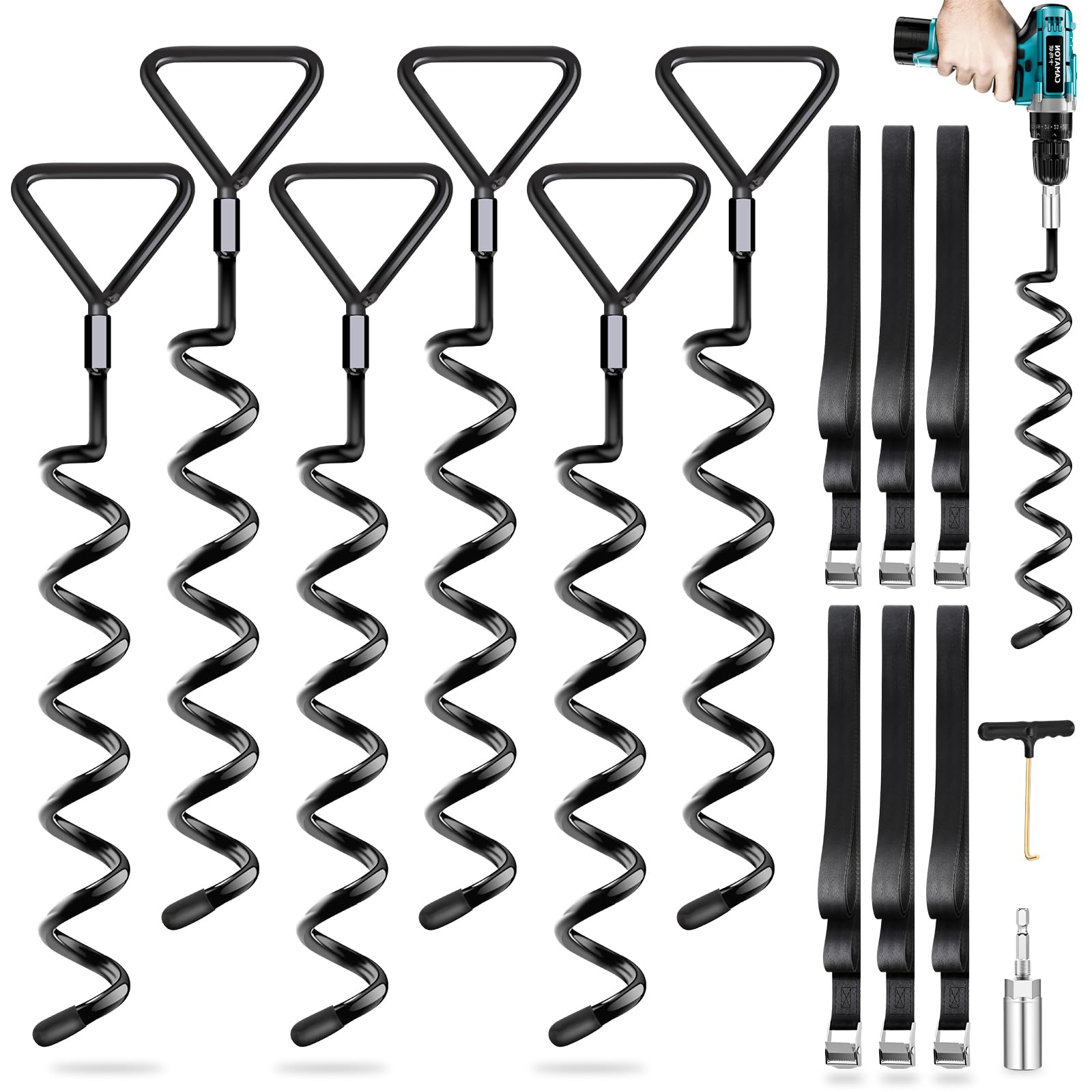 Juego de anclajes resistentes para trampolín, anclajes de tierra con tornillos en espiral con correas, anclajes de tierra, anclajes de tierra, juego de anclajes para cama elástica