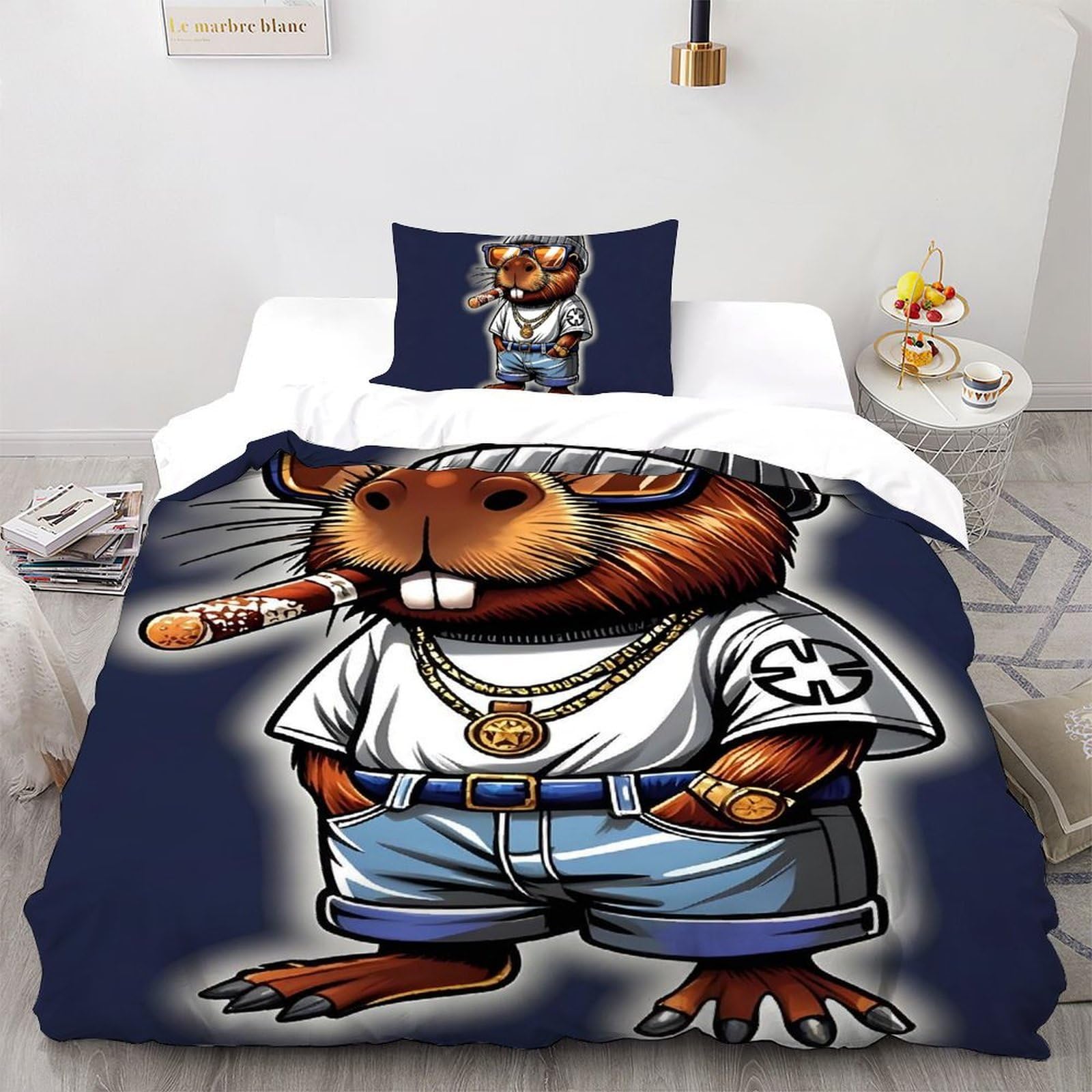 SHOVERKD Capybara Wearing Glasses 3D Printed Duvet Cover Set Bedding 2Pcs Luxury Microfiber Wild Cute Animals with Pillowcases,Hidden Zipper for Kid Teens Single（135x200cm） Modern Home Decor