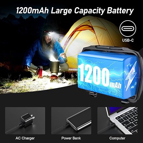 Miniatura 7 de Blukar Linterna frontal LED recargable, 2000L de alto lumen súper brillante regulable linterna con sensor de movimiento, 8 modos, foco e reflector,