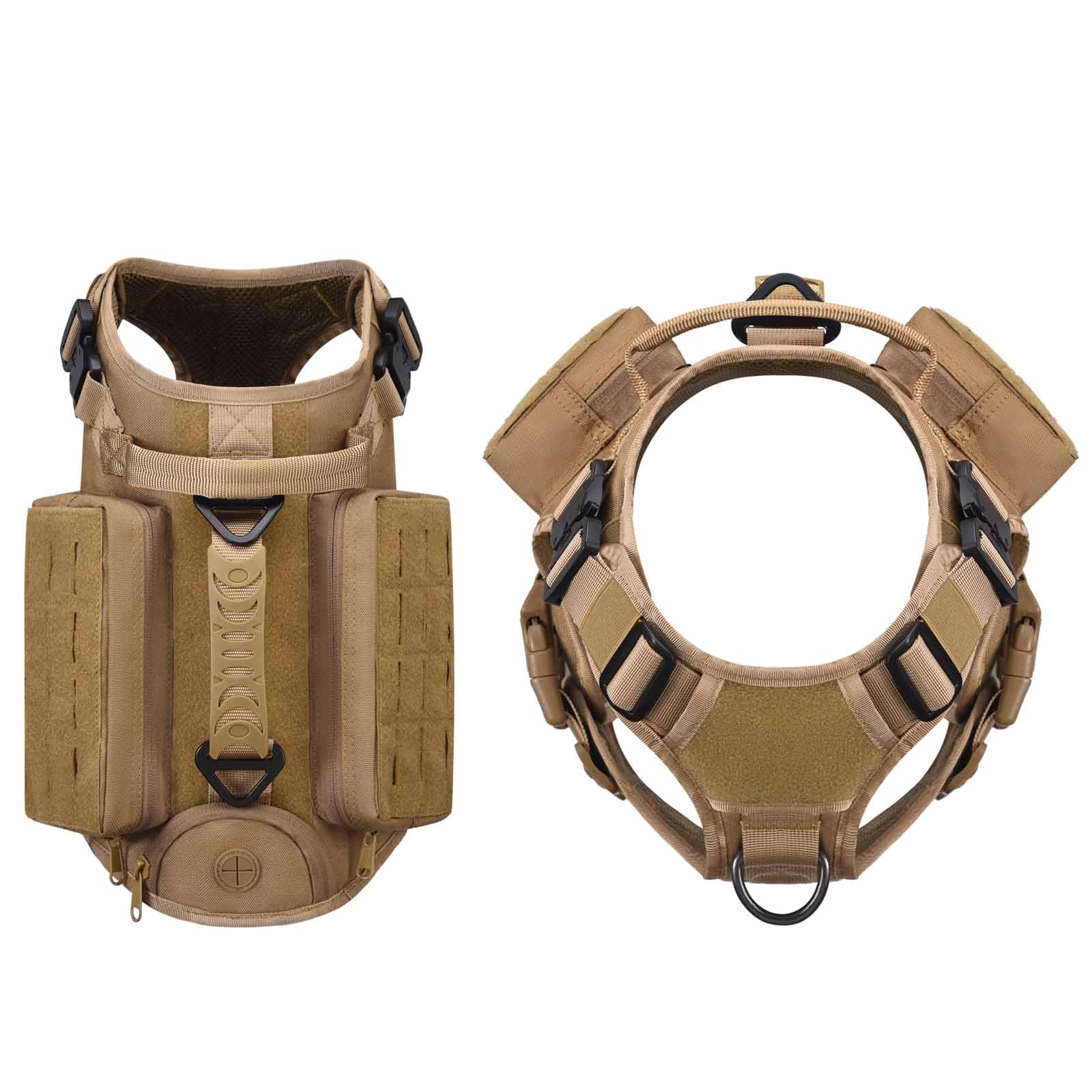 Arnés para perros con 3 bolsillos, 2 asas, 3 anillas en D, táctico acolchado, ajustable, arnés de seguridad Molle para perros medianos y grandes (marrón, L)