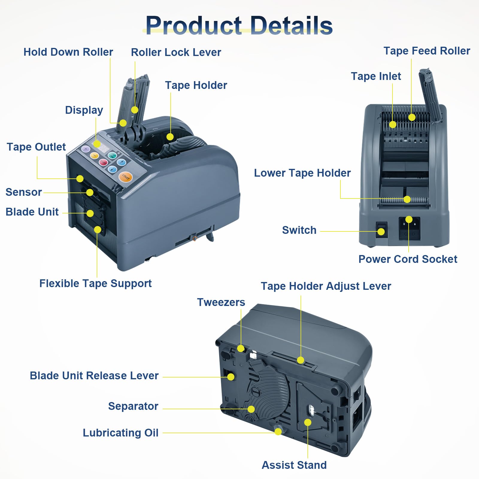 Automatischer Klebebandspender, Elektrischer Klebebandschneider mit LCD-Display, Bandbreite 6–60 mm & Länge bis 999mm, Klebeschneider mit Handbuch und Auto, Bandschneider für Büro Lager Business