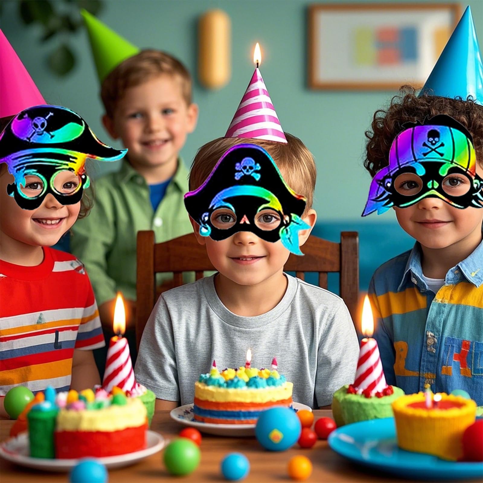 Lot de 48 masques de pirate arc-en-ciel à gratter pour anniversaire