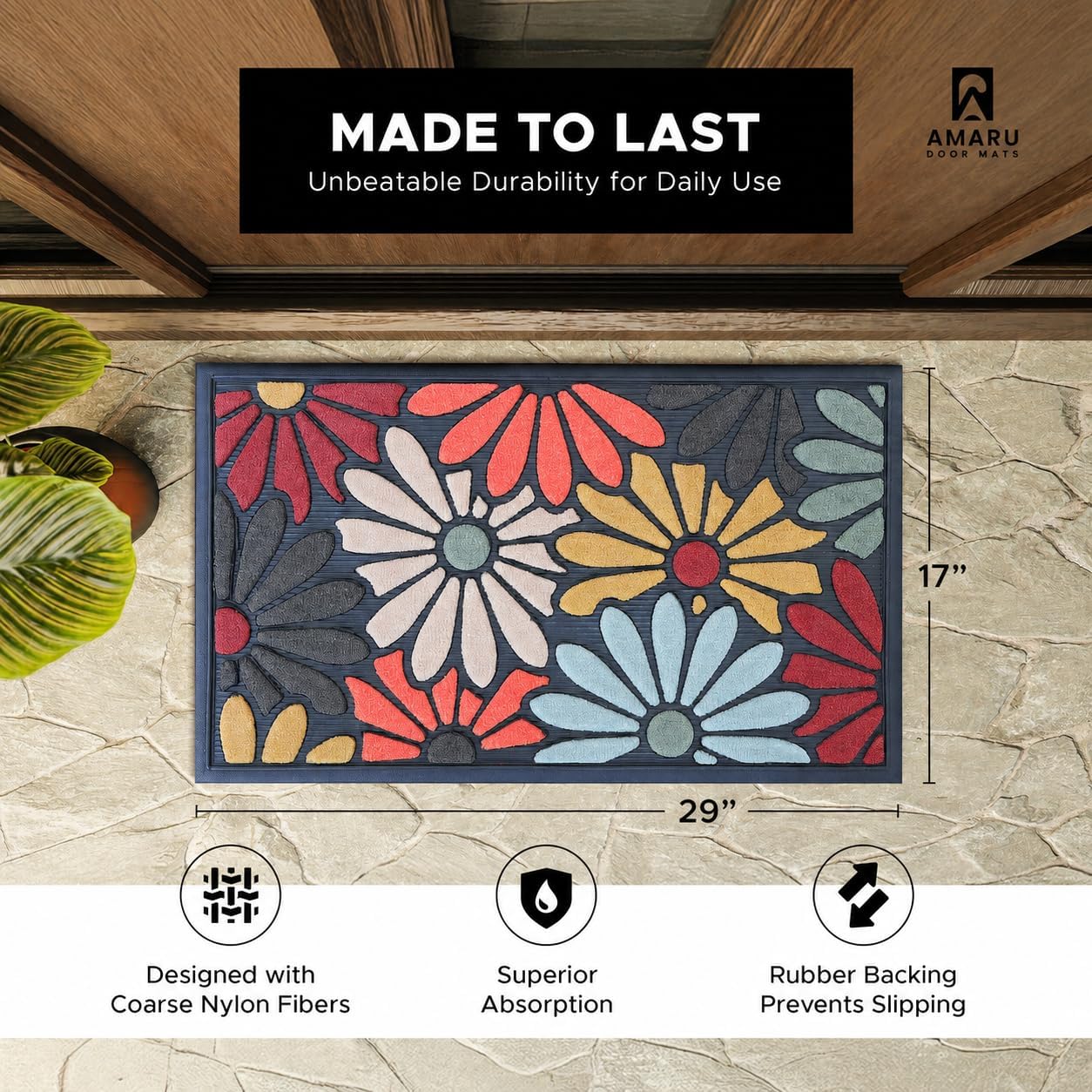 extra durable, superior absorption, front door mat for outdoor & indoor - welcome mat for entryway, entrance, patio, porch - waterproof, non-slip backing, coarse fibers (flowers,17x29) flowers 2'5" x 1'5" (rectangular)