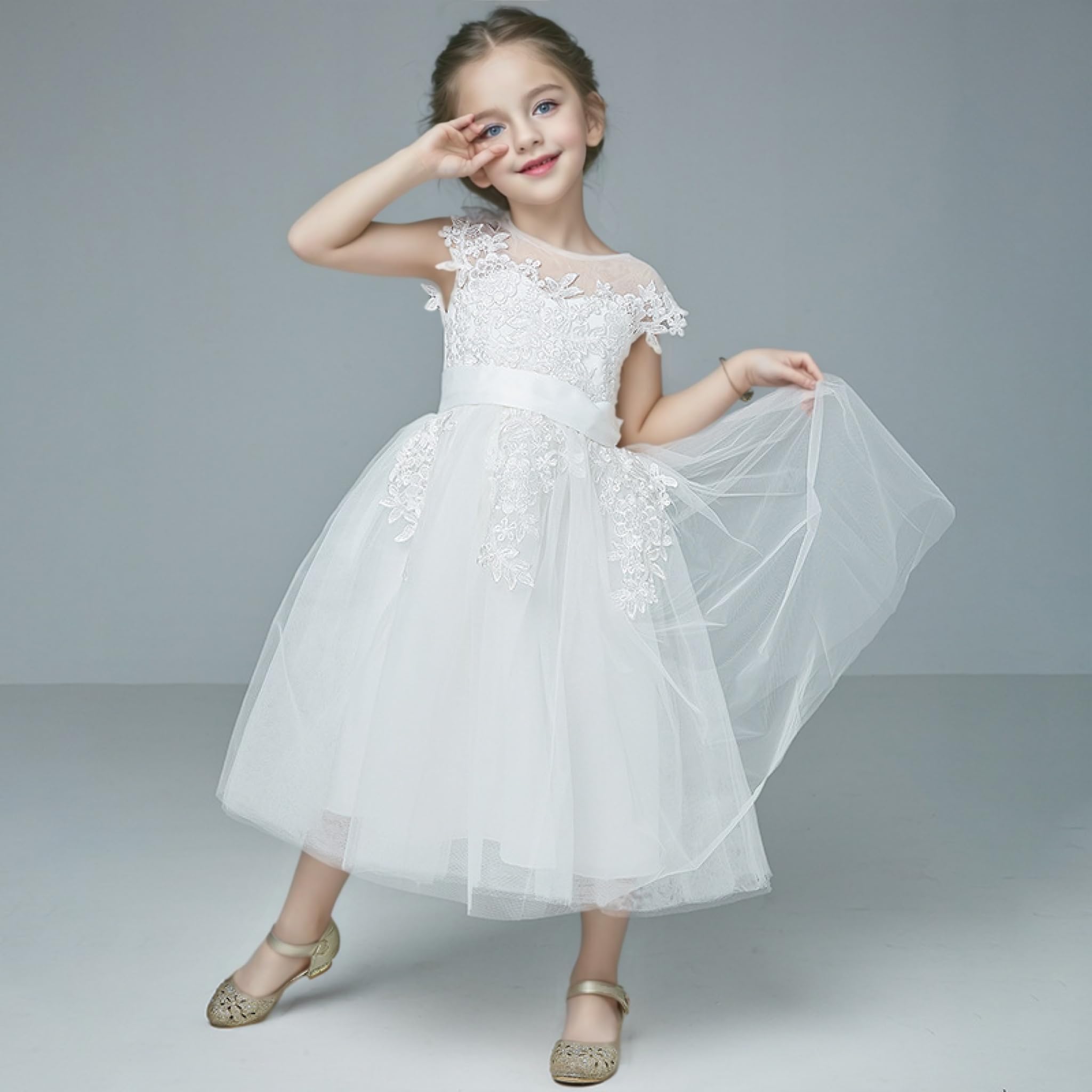 Generisch Blumen Mädchen Kleid Mit Halben Ärmeln Spitzenoberteil Tüll Kleider Für Mädchen Zum Geburtstag Zur Hochzeit Zur Erstkommunion Zum Festzug Zum Ball