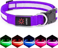 VIZPET Coleira de LED para cães, coleira de cachorro ajustável, recarregável, super brilhante, luz de segurança, coleira brilhante para cães (roxo, pequeno [11,02-15,74 polegadas/28-40 cm])
