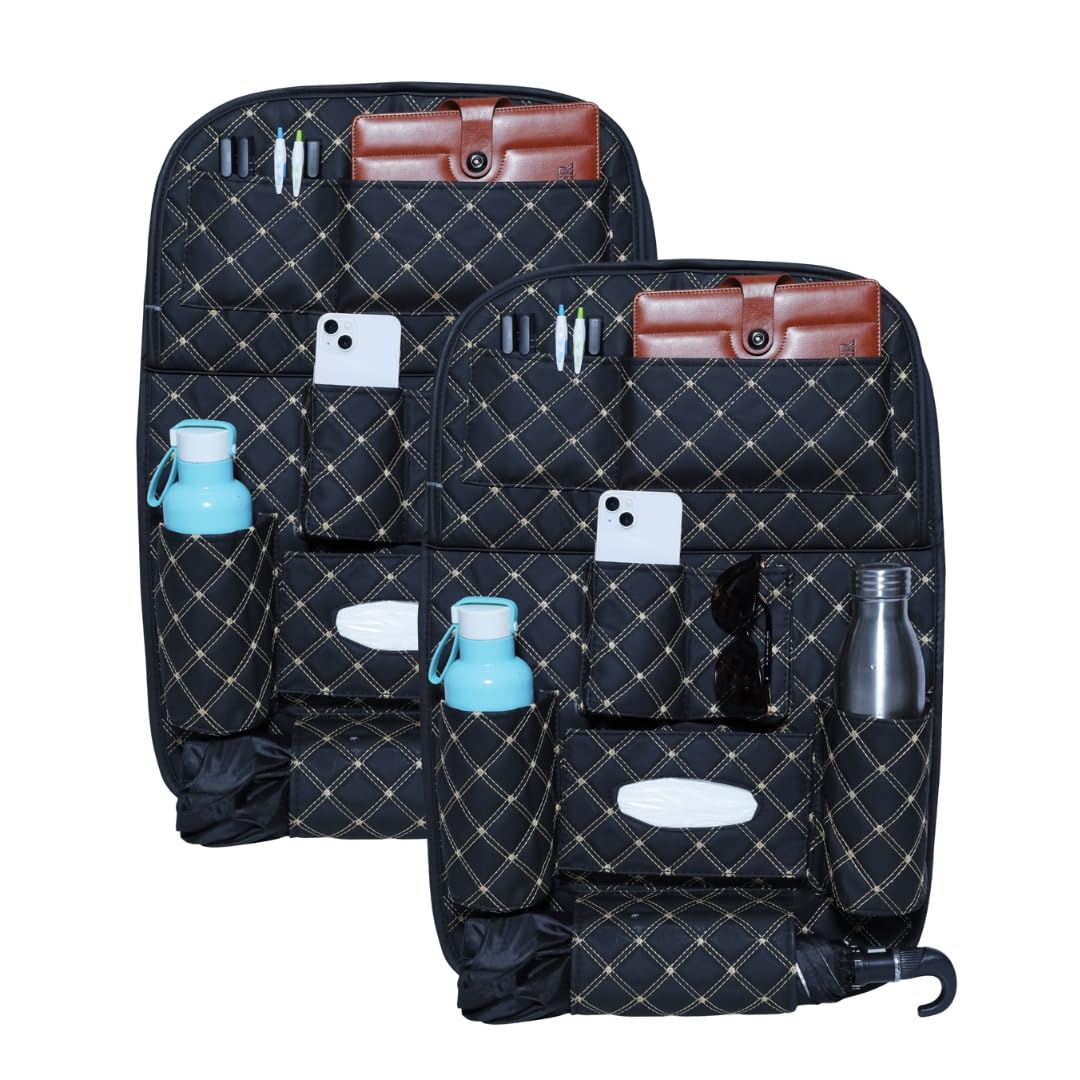 Neodrift 'Seat Master' (Set of 2) | (Color - Black-Beige) Premium 7D Car Seat Organizer, Universal Fit, Multi-Pocket Stora...