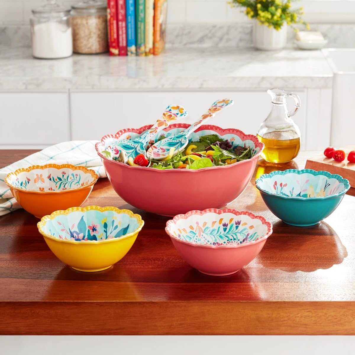 Floral Melamine 7-Piece Salad Serving Bowl Set