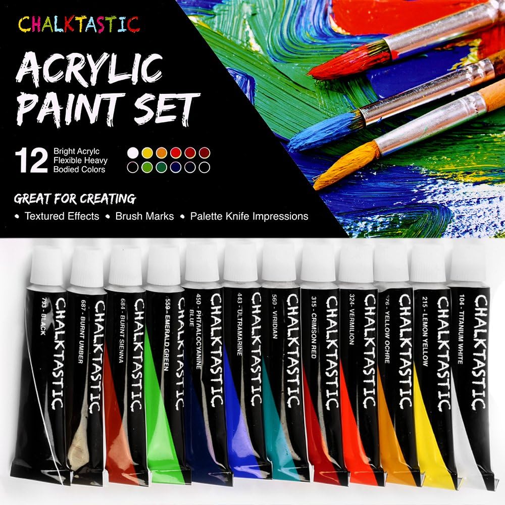 Quality Acrylic Paints - Best Acrylic Paint Set For Painting Canvas, Wood, Fabric, Clay, Ceramics, Glass, Nail Art & Crafts 12X12ml Carefully Selected Colors – Great For Beginners, to Hobby Painters