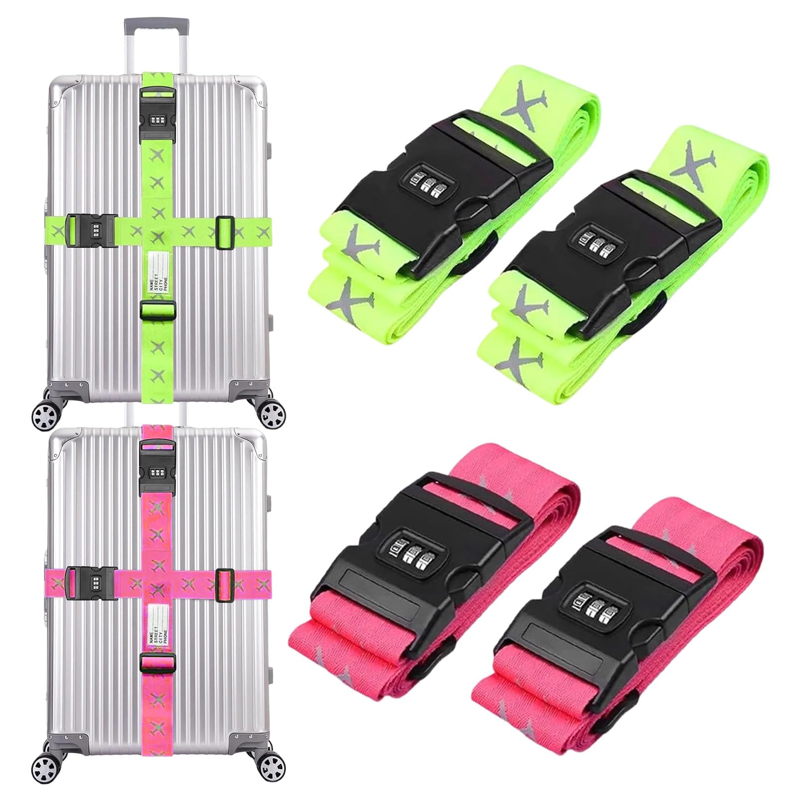4 Pièces Sangle Valise Voyage avec Code, Sangles pour Bagages Réglables Ceinture Valise, Ensemble de Sangle de Bagage Croisées avec Etiquette pour Valise Bagage Sac de Voyage, Vert + Rose