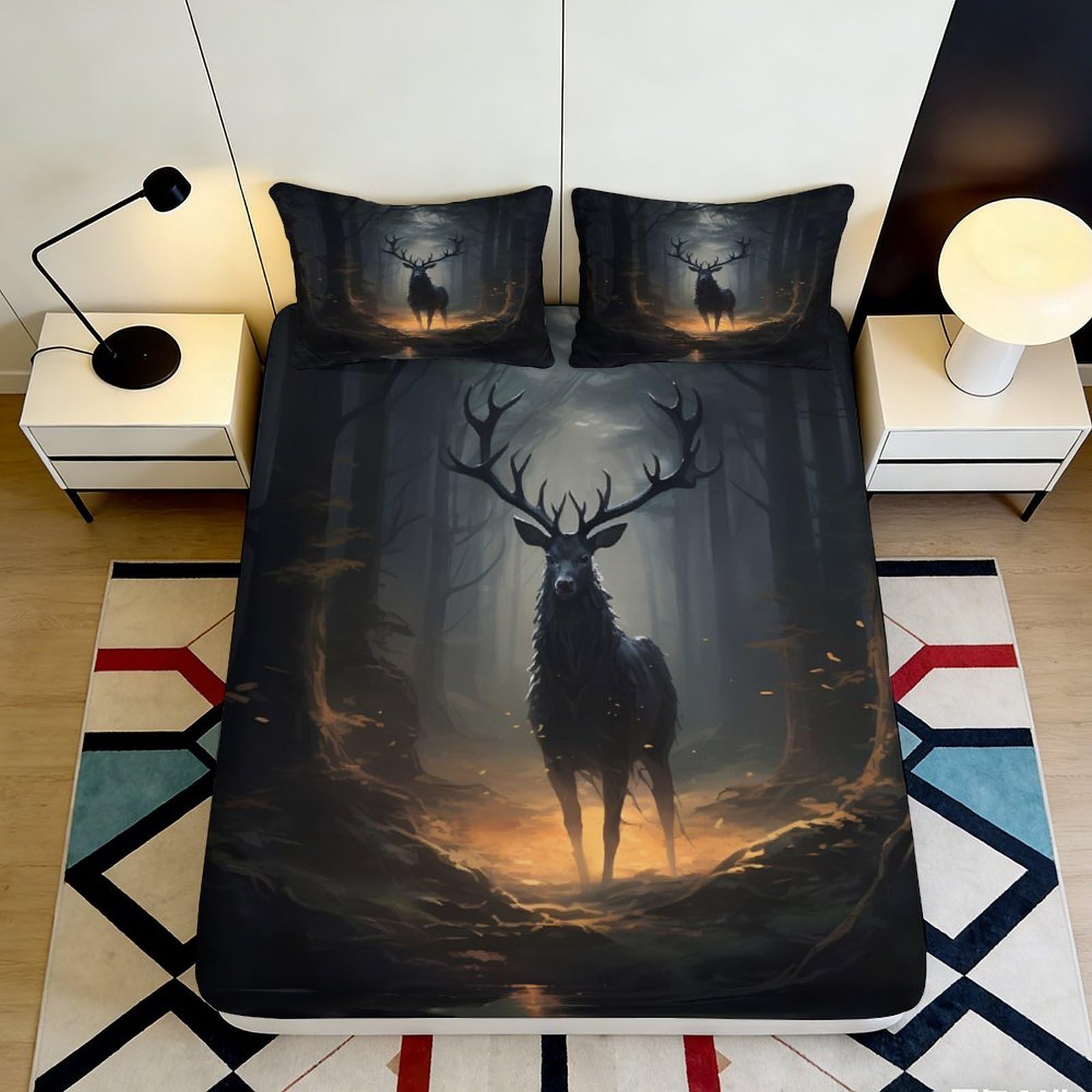 3D Printed Deer Forest Fitted Sheet Deep Pocket Microfiber Non-Slip Bedding Set Stag Mattress Fitted Cover Washable 200x200x25cm