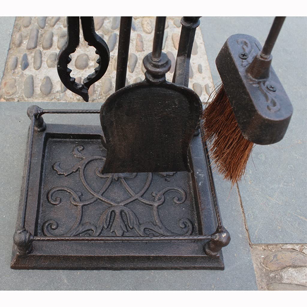 Set di attrezzi per camino, set di attrezzi per camino in ottone anticato con pinze per focolare, pala, spazzola, attizzatoio, 5 pezzi, grande set per camino per stufa da interno/esterno e braciere,