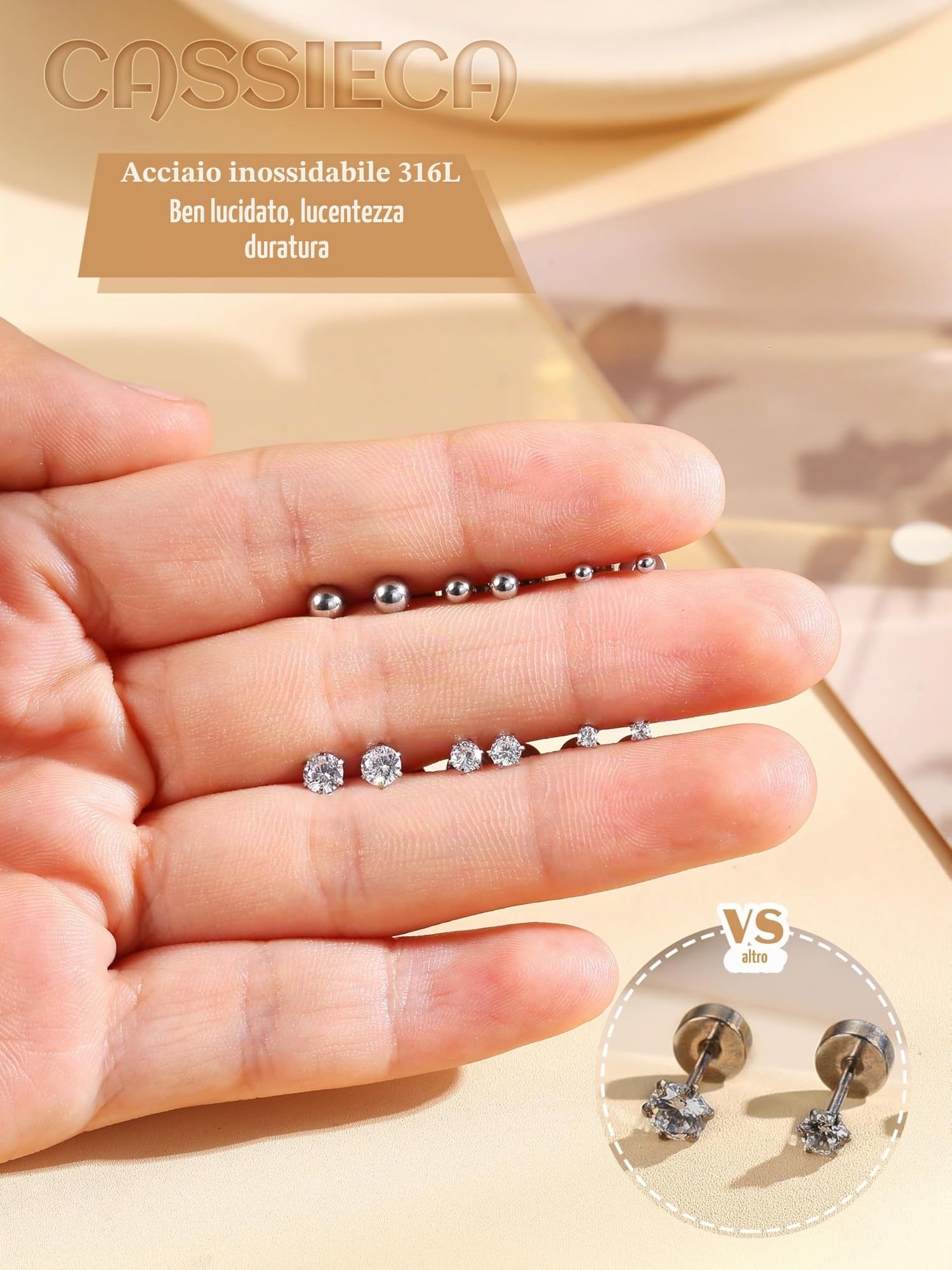 CASSIECA 12Paia Orecchini Acciaio Chirurgico Orecchini Anallergici Donna Uomo Argento Oro Piercing Orecchio Acciaio Chirurgico CZ Cartilagine Piercing