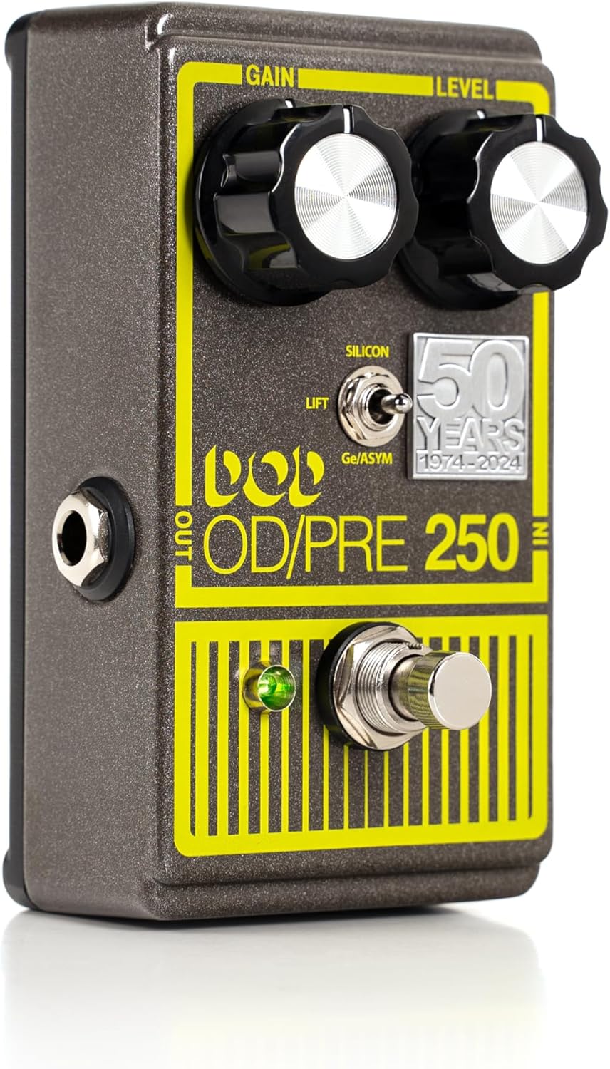 Angolat view of the DOD-250-50TH Overdrive Preamp pedal, showing the input jack on the right side and the output jack on the left side.