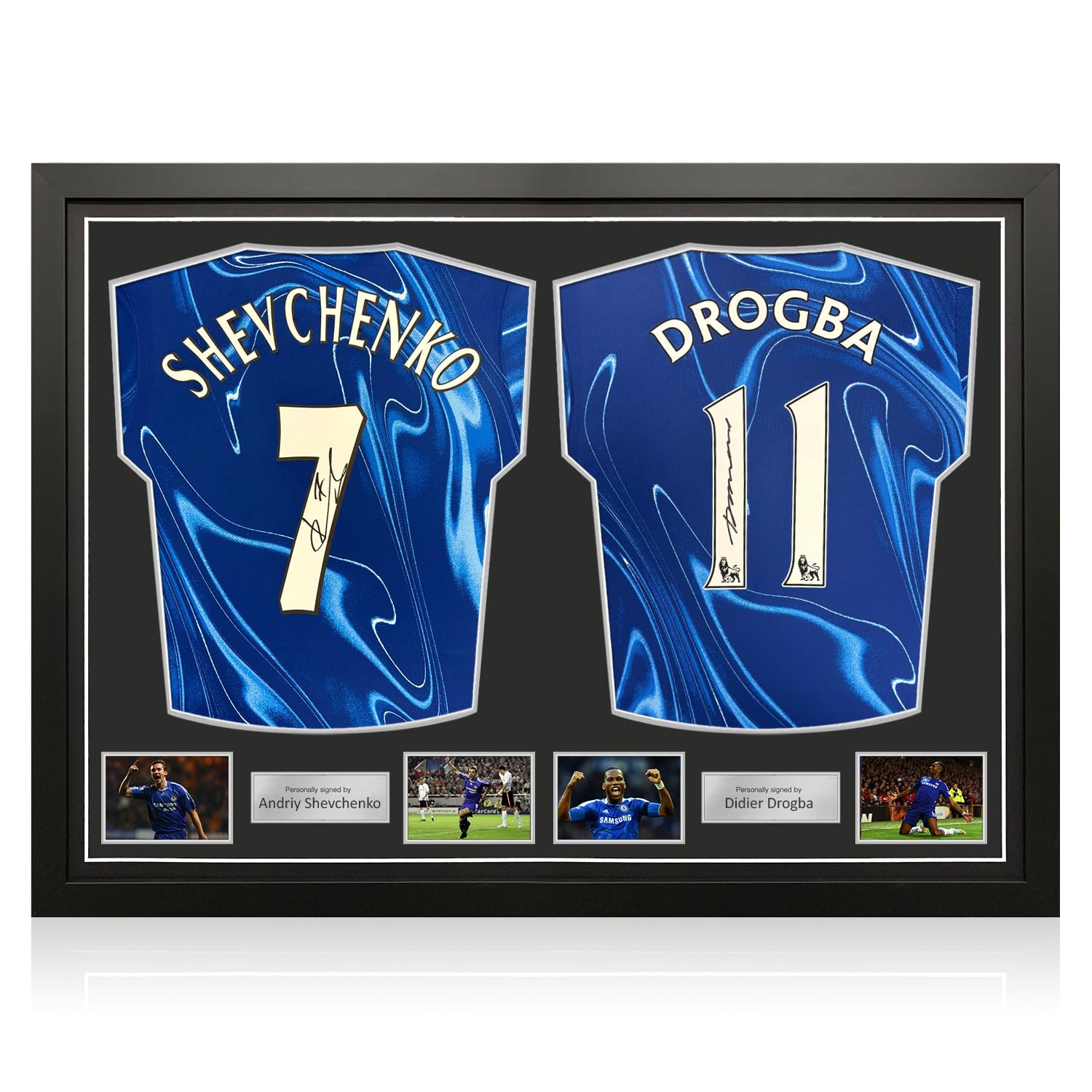 Exclusive Memorabilia Andriy Shevchenko & Didier Drogba Signed Chelsea Football Shirts. Framed