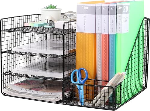 Obossy Organizador de escritorio de malla de 4 niveles con sección vertical, organizador de una pieza para archivos de escritorio negros y bandeja