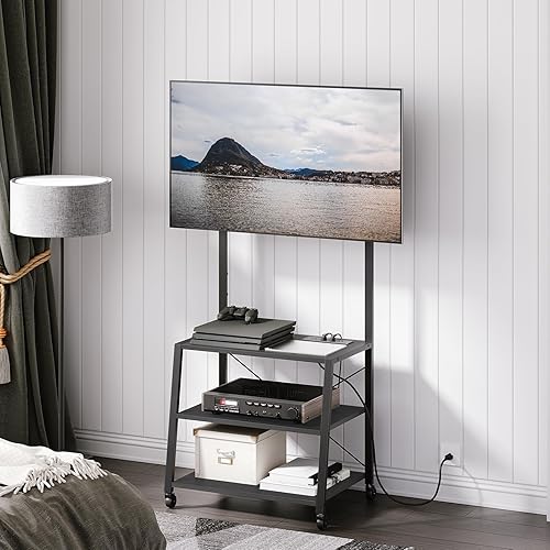 Miniatura 7 de HOOBRO - Soporte de TV móvil con soporte y toma de corriente hasta 55 pulgadas, centro de entretenimiento de esquina, soporte de TV pequeño con 3