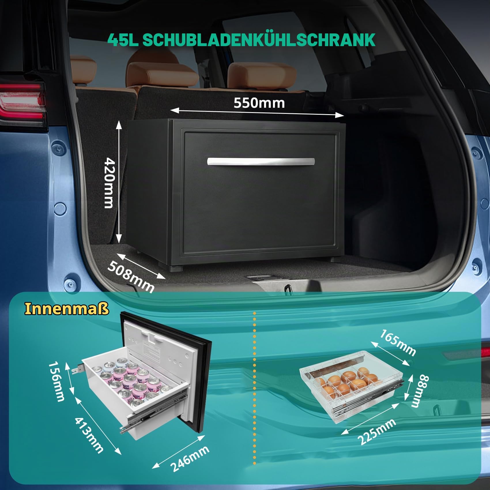 SMETA 45L Camping Schublade Kühlschrank, Absorber Auto kühlschublade Leiser Betrieb, 12V 230V Camper kühlbox für Wohnmobil, Reise, Auto, Boot, LKW, Camping, Schwarz Verstellbare Füße, 0-15°C