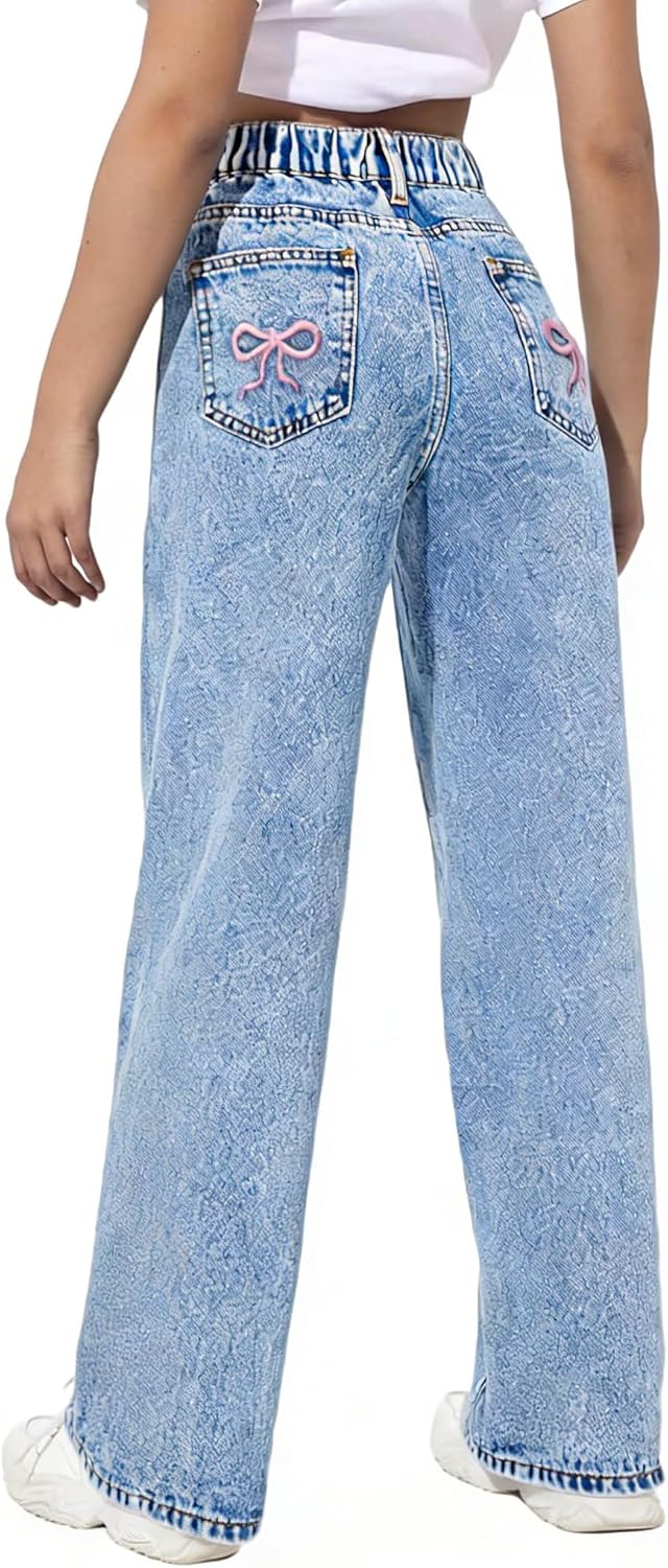 Girls Jeans Y2K Elastic Waist Wide Leg Baggy Loose Denim Pants Kids Trousers Streetwear Washed
