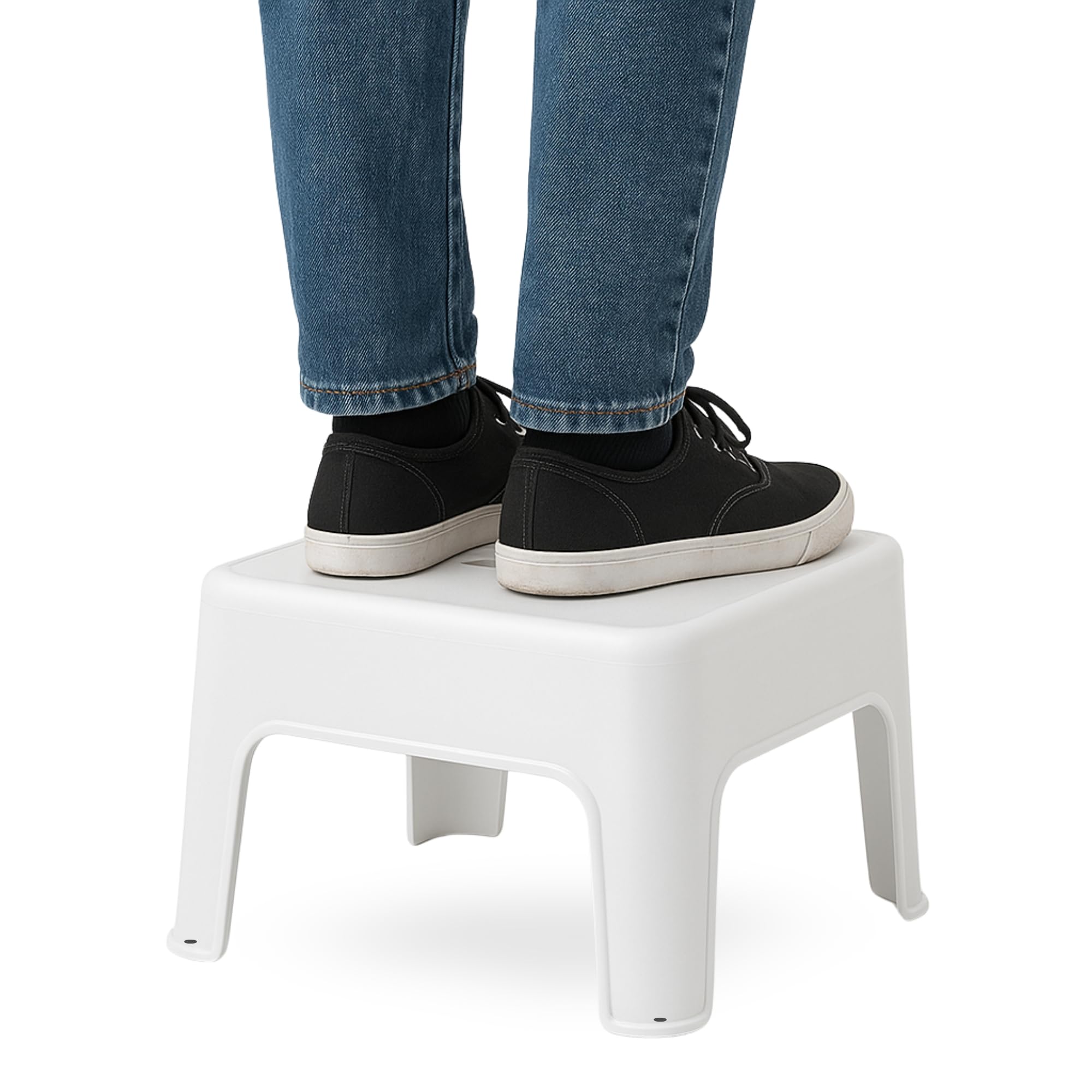 TECHZOCO Taburete de Plástico, Taburete Ligero apilable, Banqueta Multiusos, Escalon Multiusos, Diseño bajo, Soporta hasta 150Kg, 28 cm Altura x 35 cm Ancho, Color Blanco