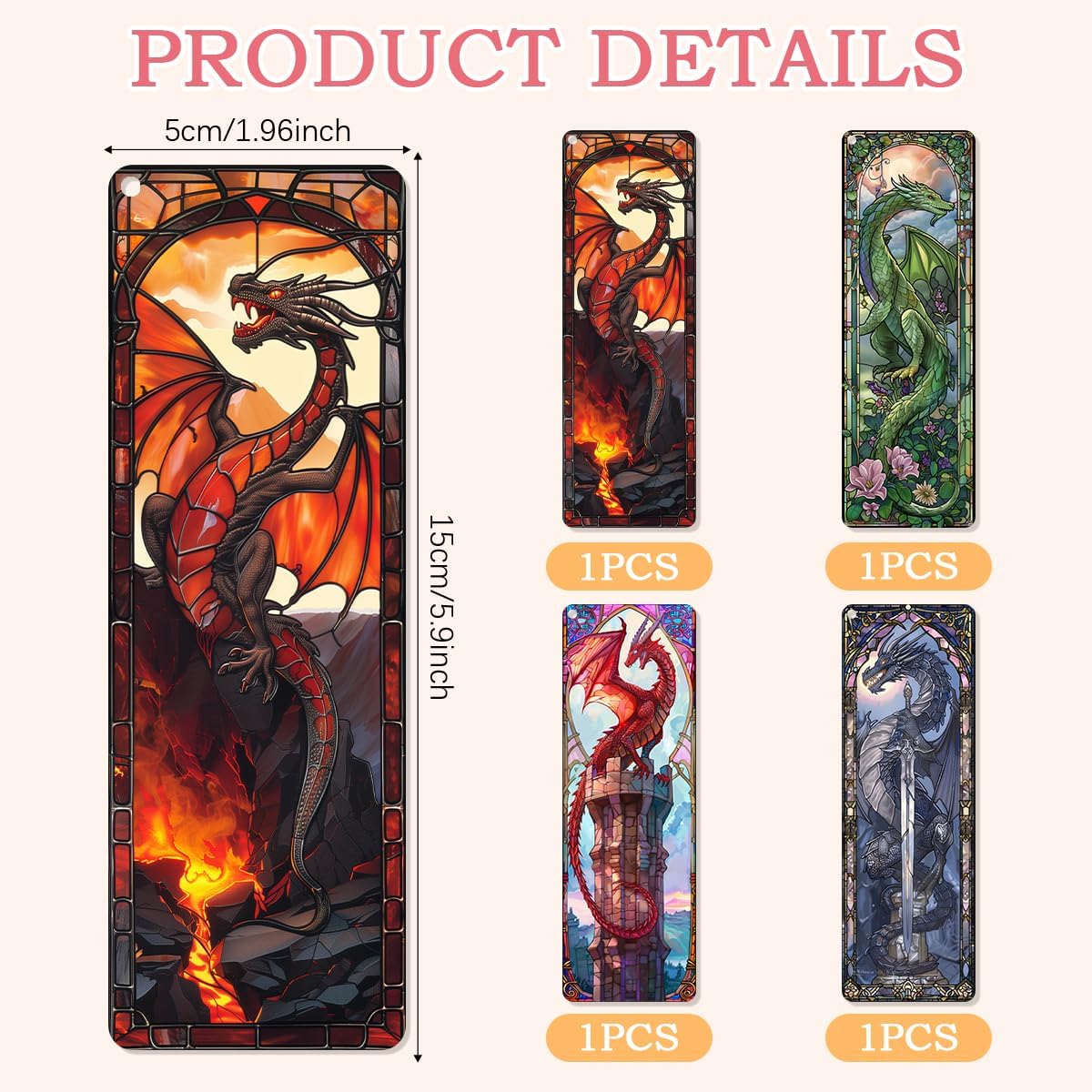 4 Pcs Stained Glass Dragon Bookmarks Gifts for Women Men, Transparent PVC Bookmark with Tassels, Cool Book Lovers Accessories, Unique Reading Book Marks for Bookish Office School - Image 2