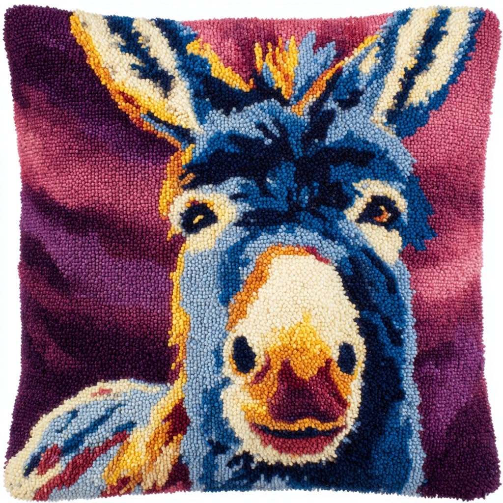 Henypt Latch Hook Kits for Beginners Animal Donkey Cushion Craft Kits Crochet Pre Printed Canvas Wool Yarn Hobbies DIY Latch Hook Pillow Kit 43x43cm