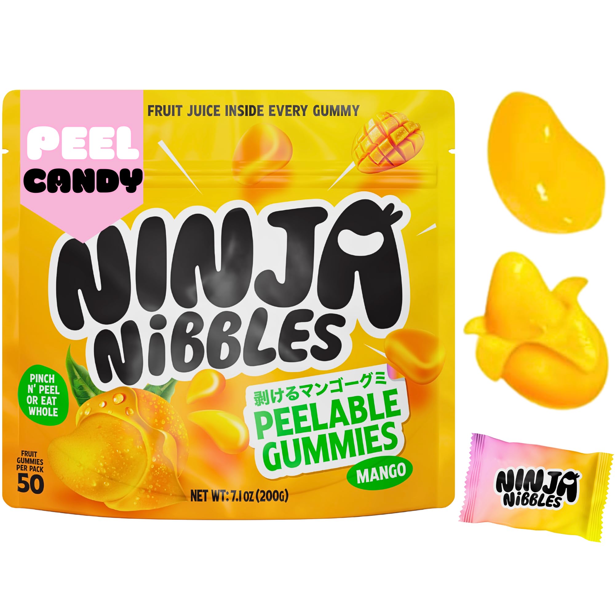 Peelable Gummies, Mango Japanese Candy, Mango Peeling Candy, Fruit Candy Peelable Gummies, ASMR Candy, Mochi Candy Taste, Peelable Candy by Ninja Nibbles (7.01oz Bag)
