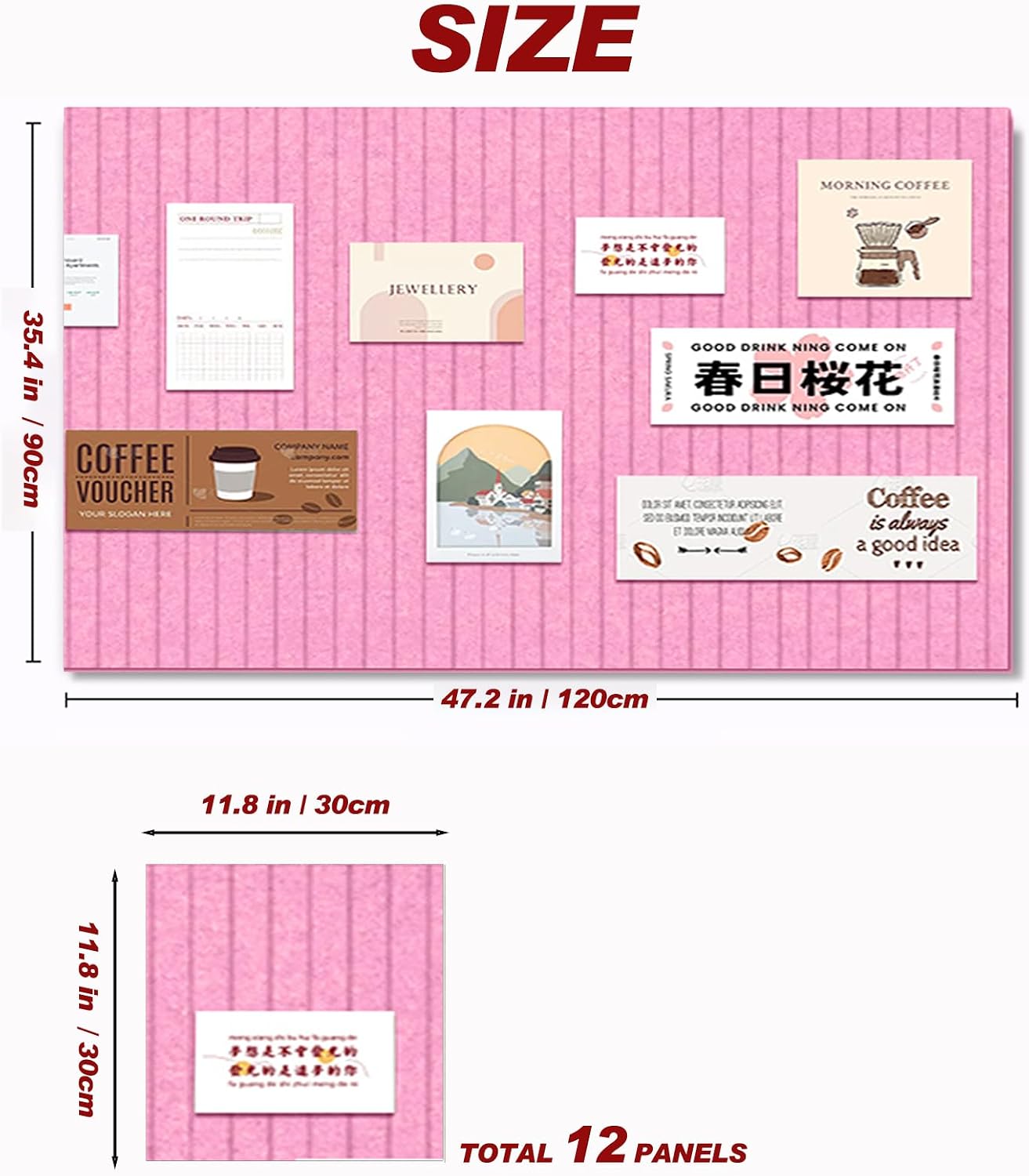 Large Felt Wall Tiles Cork Boards for Office Cubicle, 47"x35" Felt Photos Board Bulletin Tiles Pin Board for Walls Home Decor, Noise Reduction Boards Panels for Notes Memos, 12-Pack, Pink