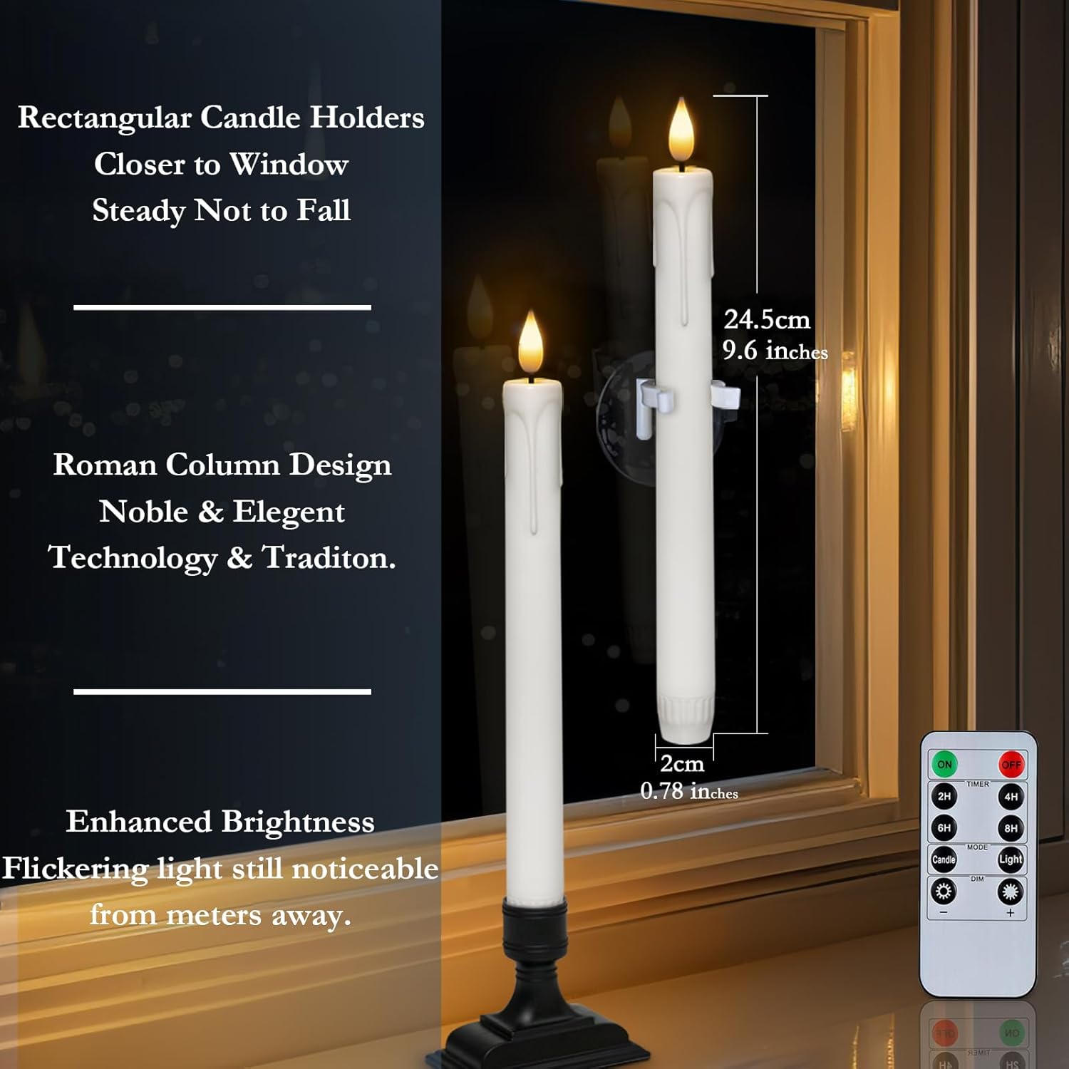 Homemory 6 Pcs Window Candles with Remote Timer Dimmer, Battery Operated Candlesticks with Holders and Suctions, White LED Christmas Candle for Window Xmas Holiday Decor - Image 2