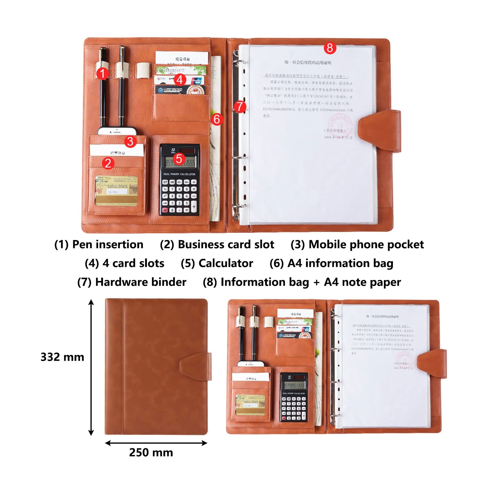 Teczka konferencyjna Organizer na dokumenty， Teczka A4 z schowkiem i miejscem do przechowywania, teczka z imitacji skóry na notes A4(Blauw,No calculator)