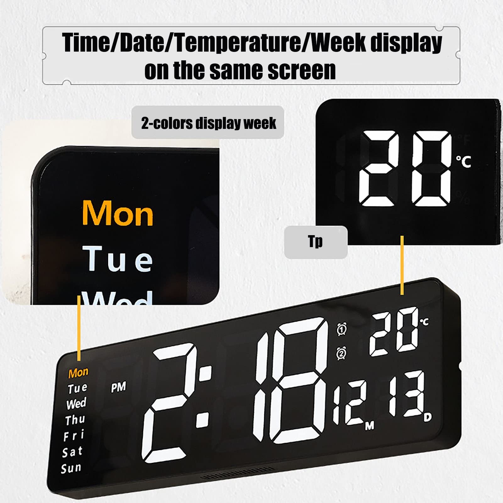 15 "duży cyfrowy zegar ścienny LED z dużym wyświetlaczem Jumbo, data/temperatura/tydzień/budzik/timer, prezent na siłownię domową kuchnię seniorów (Color : Black)