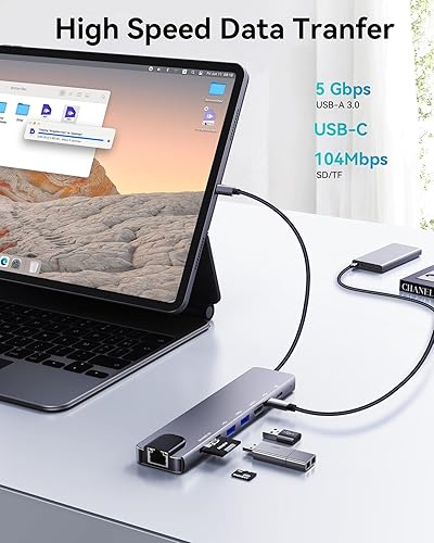 Miniatura 4 de Adaptador multipuerto USB C 8 en 1, estación de acoplamiento USB C para laptop con HDMI 4K a 60Hz, carga PD de 100 W, lector de tarjetas SD/TF,