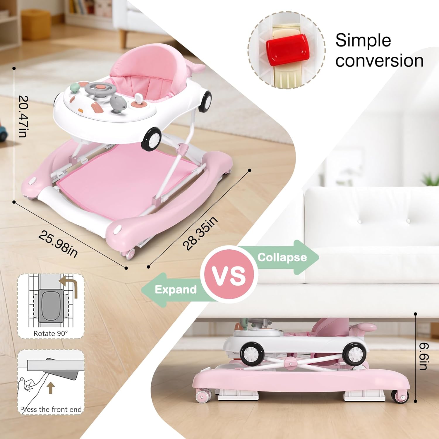 5-in-1 Convertible Baby Walker with Steering Wheel Music Activity Center – Infant Rocker, Jumper, Push Walker, Bouncer & Feeding Foldable Walker for Ages 6-18 Months Boys Girls (Pink) - Image 6