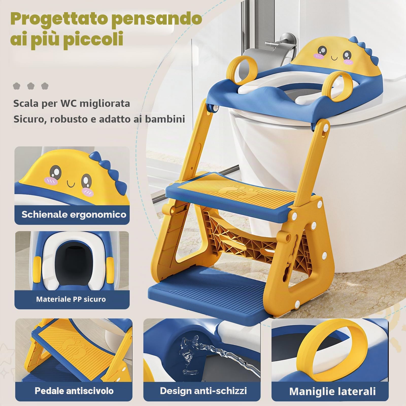 Riduttore Wc Bambini con Scaletta, 2 In 1 Scaletta Wc Per Water Bambini con Struttura a Triangolo, Paraspruzzi Estesi Regolabile e Pieghevole Sgabello Antiscivolo, Adattatore per Bambino e Cuscino