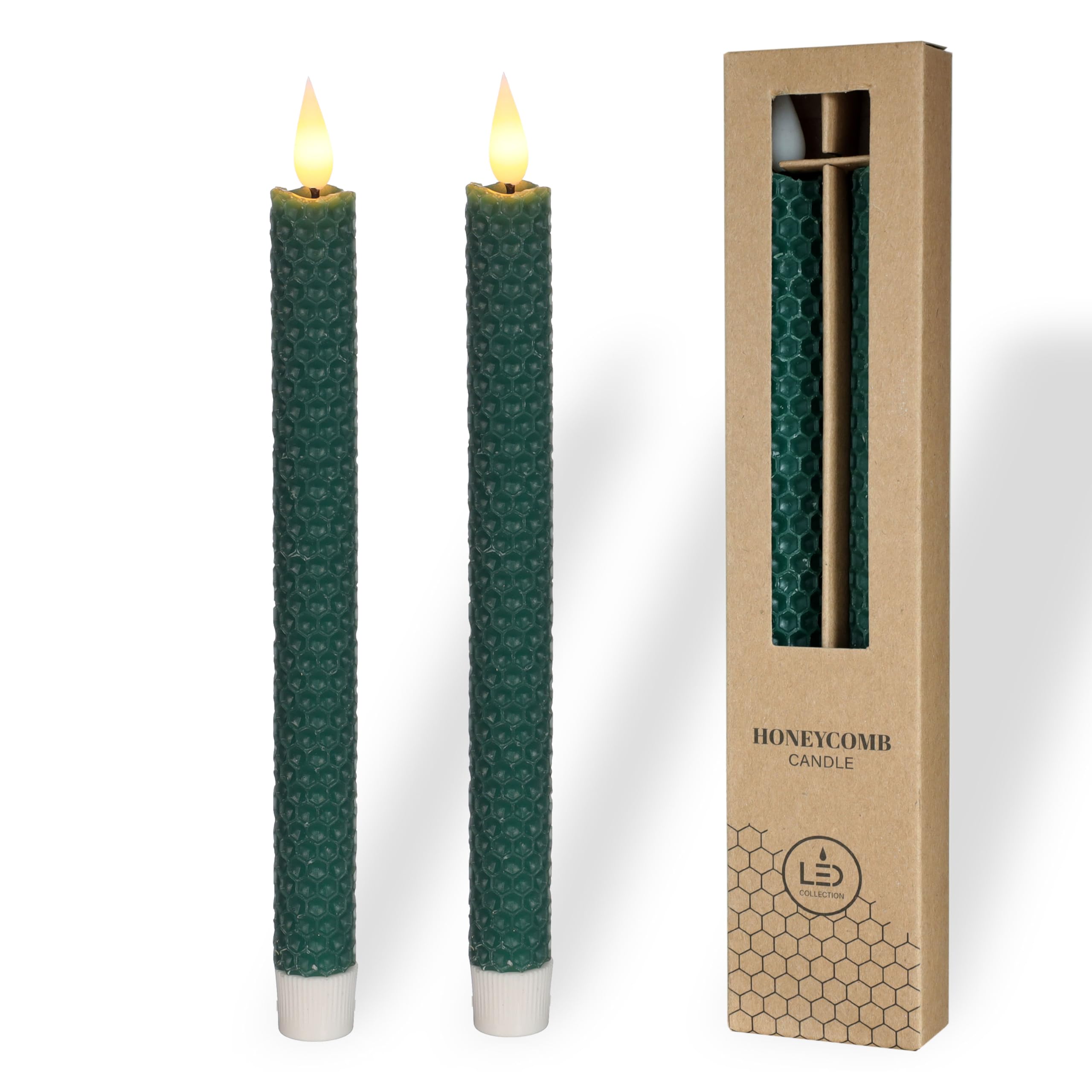 Comforder Moss Green Real Wax Led Candles With Flickering Flame (Set Of 2), Electric Taper Candles With Timer Function, Honeycomb Look. (Moss Green)