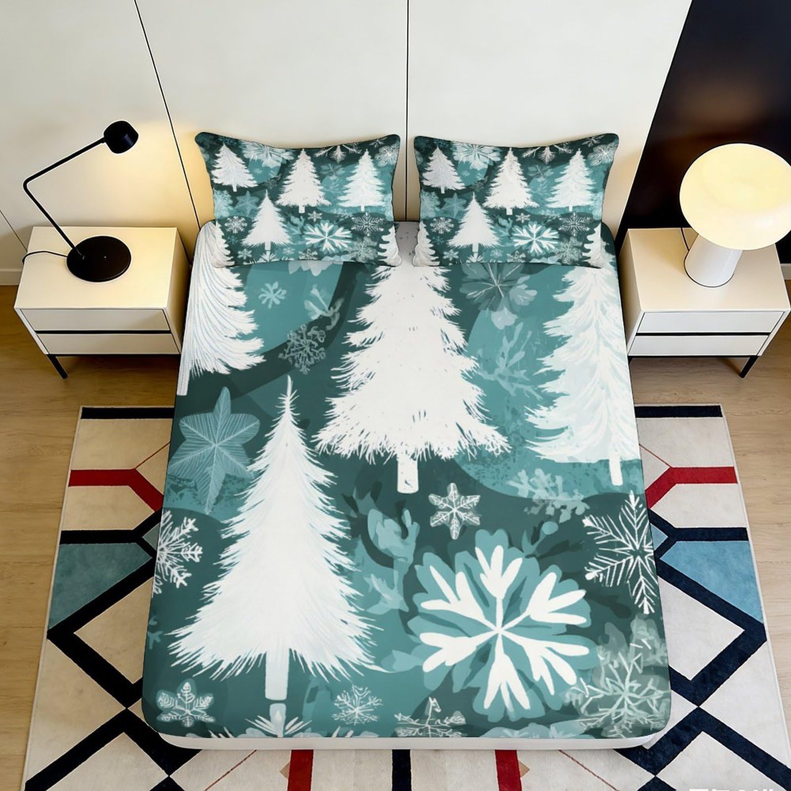 3D Printed Christmas Tree Fitted Sheet Microfiber Soft Snowflake Bed Cover for Bedroom Guest Room Dorm Mattress Protection 90x200x25cm