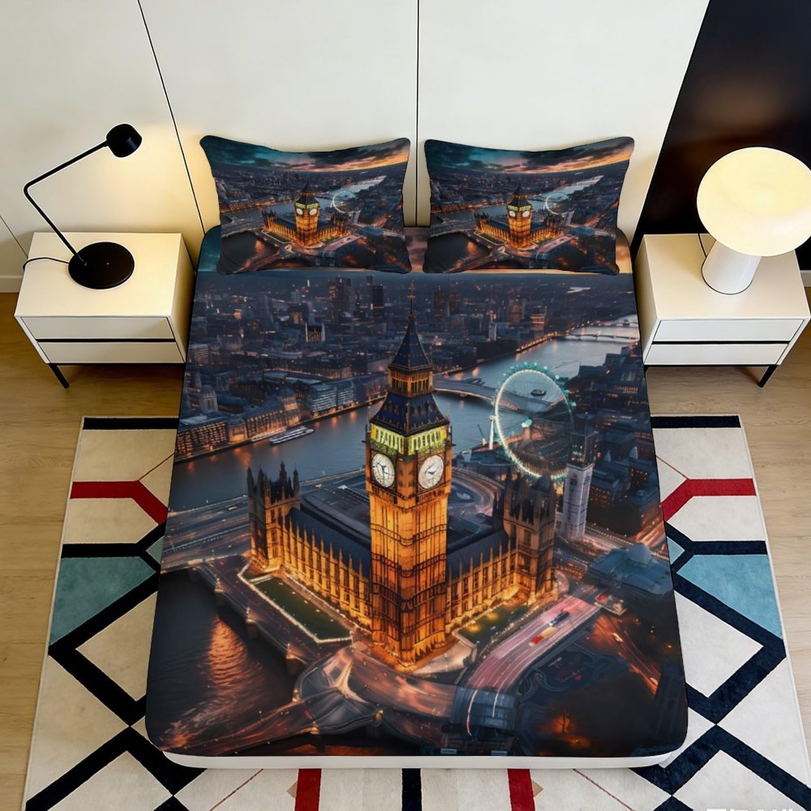 Jqzkxnhpbr Style-4 3D Printed London Night View Fitted Sheet Microfiber Bed Cover Big Ben Cityscape Mattress Cover Bedroom Decor 90X200x25cm