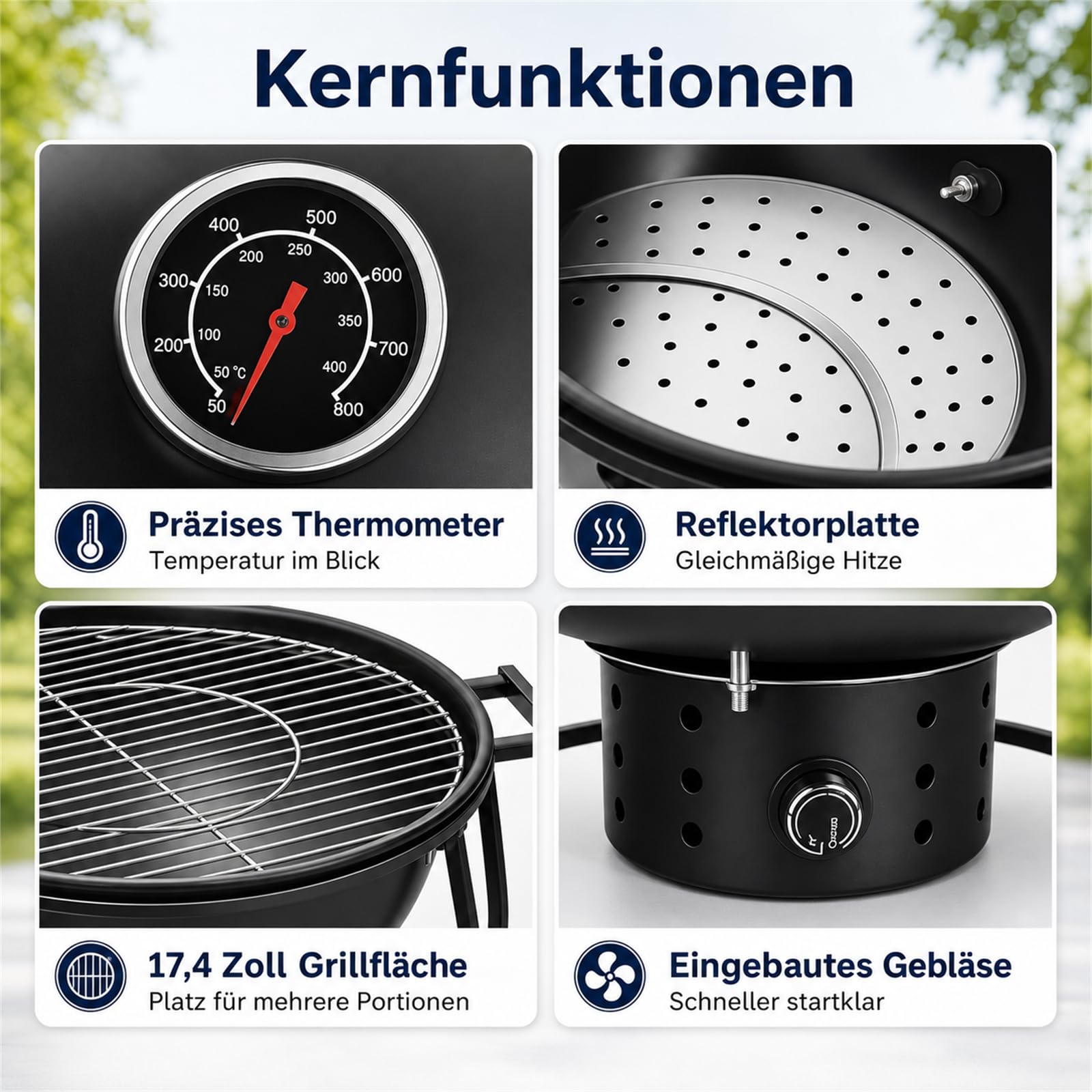 Tragbarer Holzkohlegrill mit Ventilator, Thermometer und regulierbarer Luftzufuhr, kompakter Kettle Grill für Camping, Picknick, Tailgating und Outdoor BBQ