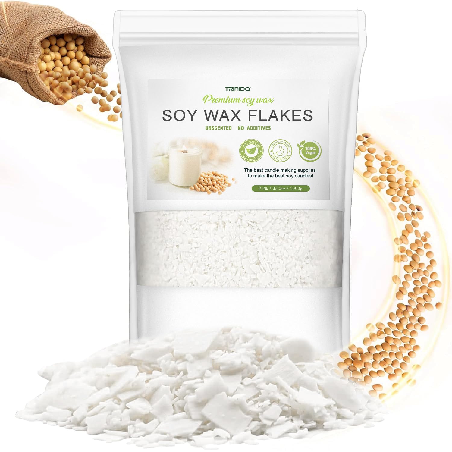 TRINIDa Soy Wax for Candle Making, 1KG SoyPRO Candle Wax Flakes, 100% Soy Wax Supplies of Candle Making for Adults and Beginners, Premium Pure Natural