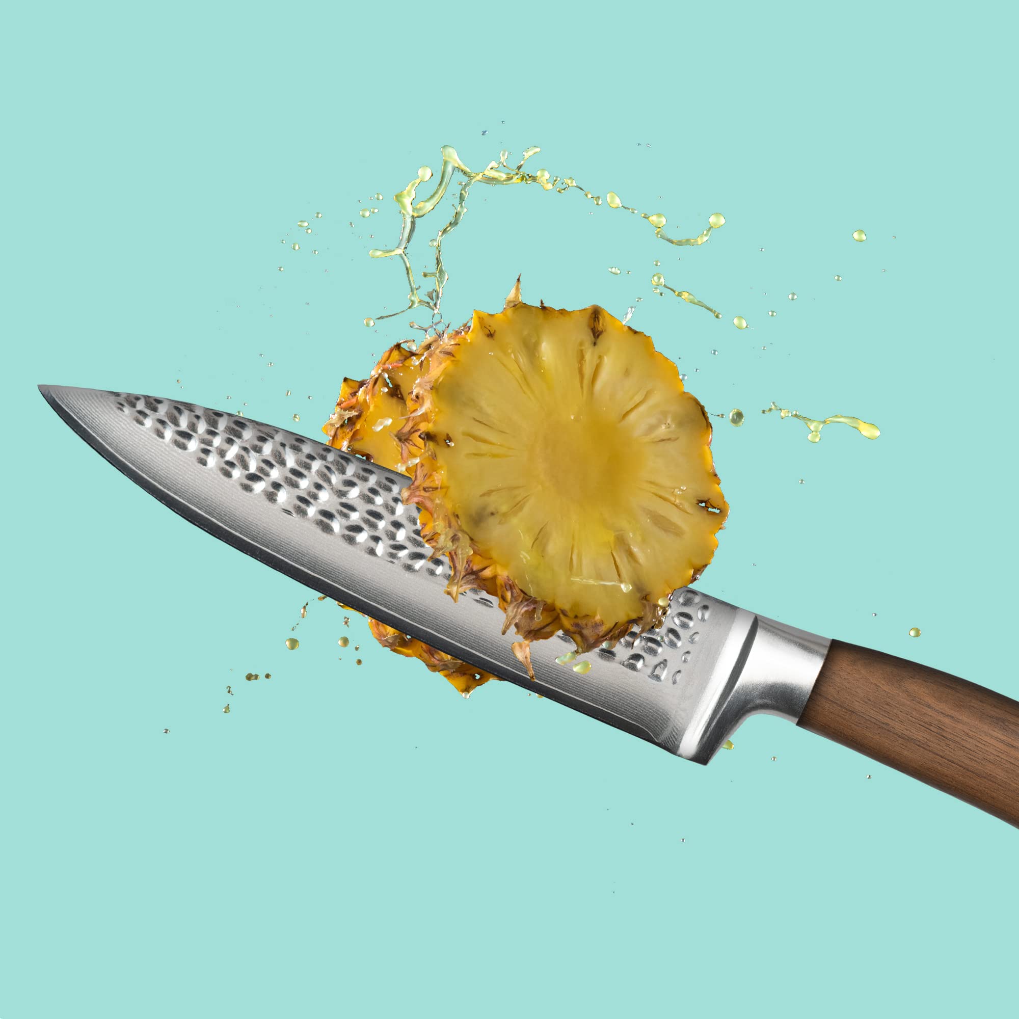 STONELINE Cuchillo Chef de Acero Damasco 34 cm, Hoja Martillada Extremadamente Afilada de 20,3 cm, 67 Capas, Cuchillo Cocinero Uiversal Profesional, Mango de Nogal, Embalaje Madera, Cuchillo Cocina