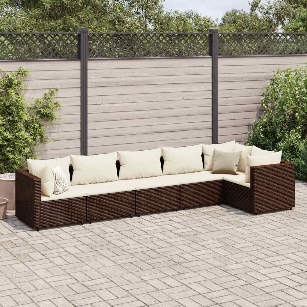 6 Piece Patio Lounge Set Brown and Cream White PE Rattan with Powder-Coated Steel Frame, Modular Outdoor Seating with Weather-Resistant Cushions for Garden Balcony Terrace,