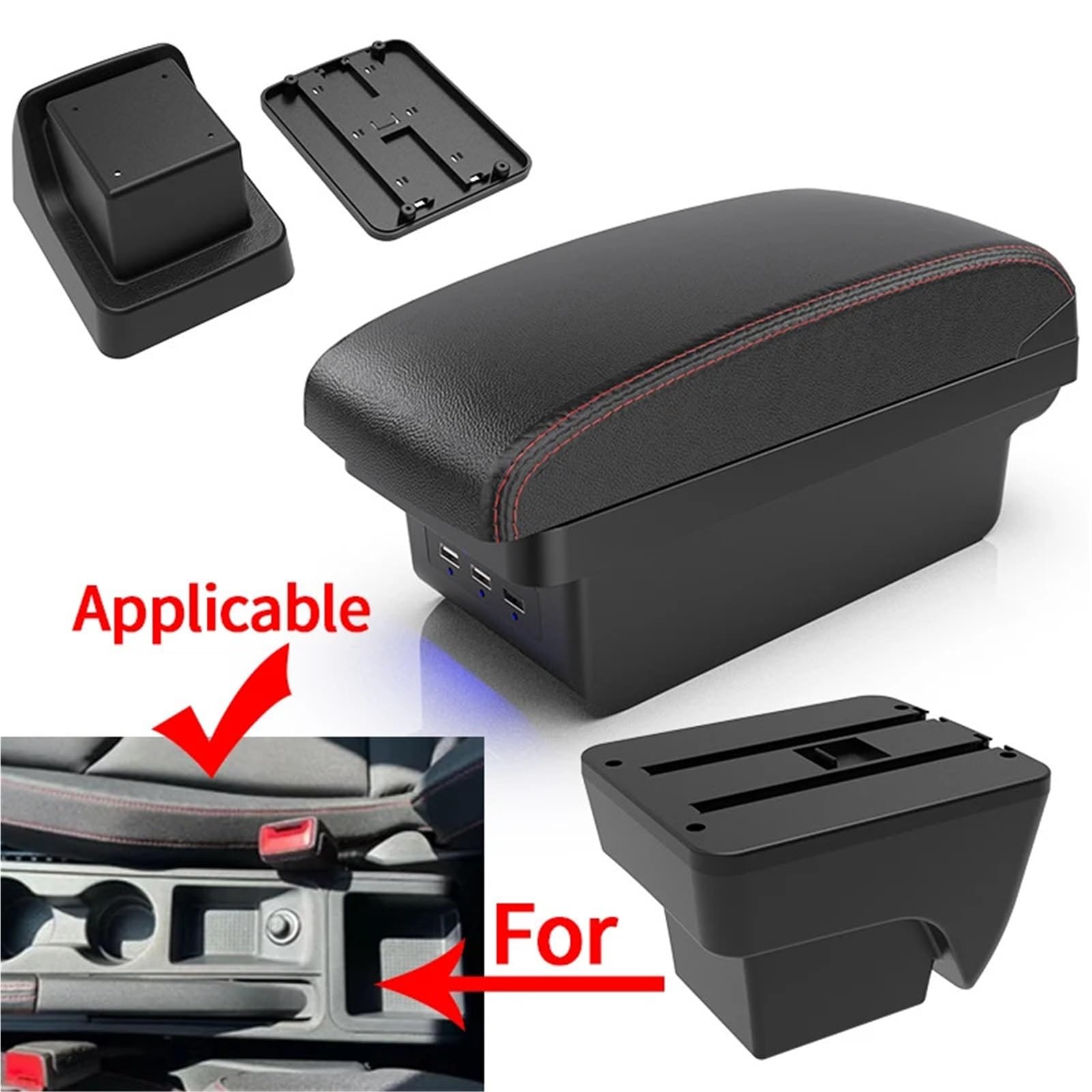 Armsteun Richter Bush Pasuje do SEAT IBIZA Modyfikacja podłokietnika samochodowego Wielofunkcyjny dwuwarstwowy schowek z ładowaniem USB Akcesoria samochodowe(B1 Black red 3 USB)