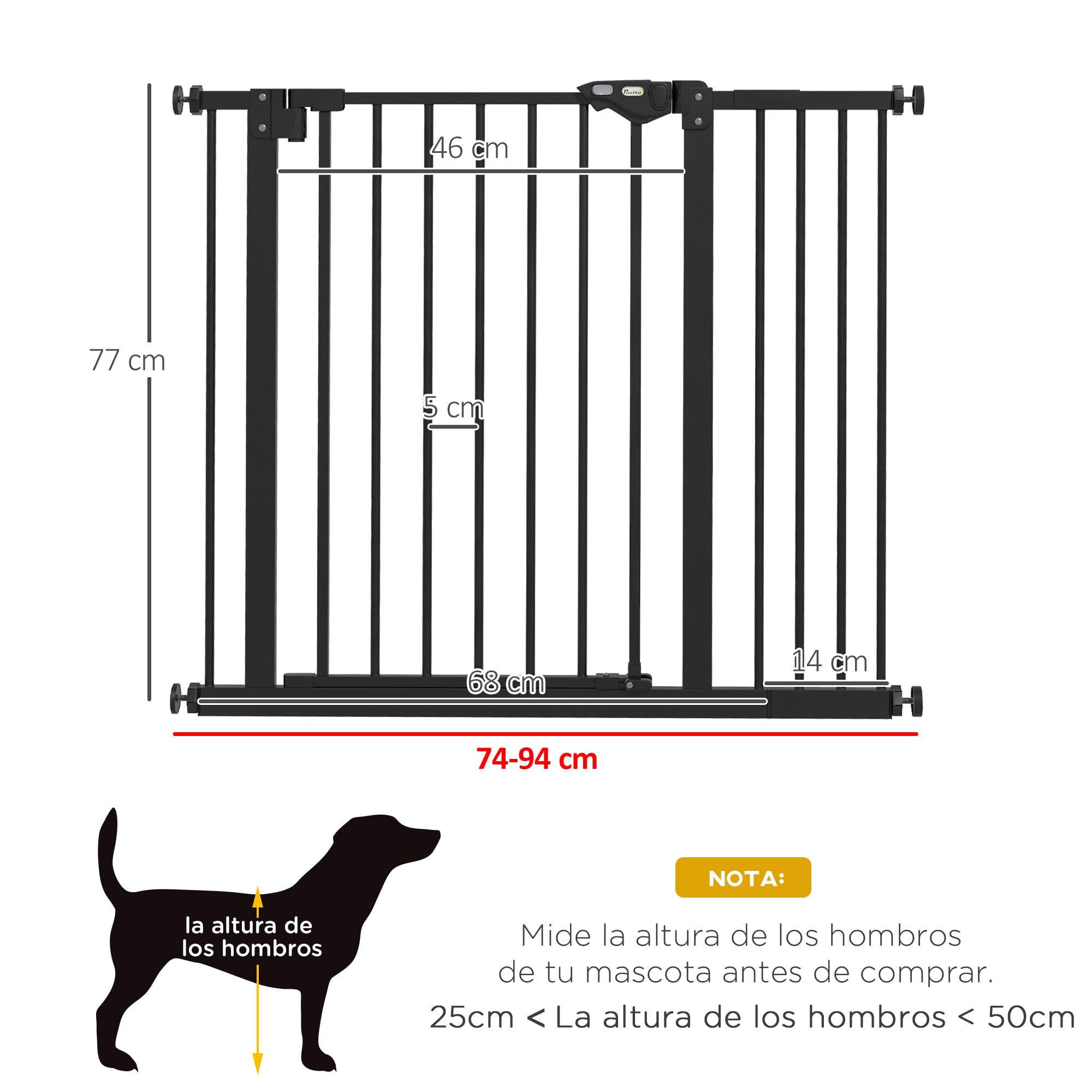 PawHut Barrera de Seguridad para Perros Extensible 74-94 cm Negro | para Puertas y Escaleras, Cierre Automático, Montaje a Presión, Doble Bloqueo, 3 Extensiones 17,5/20,3/30,5 cm