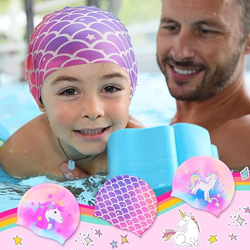 Miniatura 7 de Syhood Gorras de natación para niños, 3 unidades, impermeables, gorro de natación de dibujos animados para cabello largo y corto, para niños y niñas