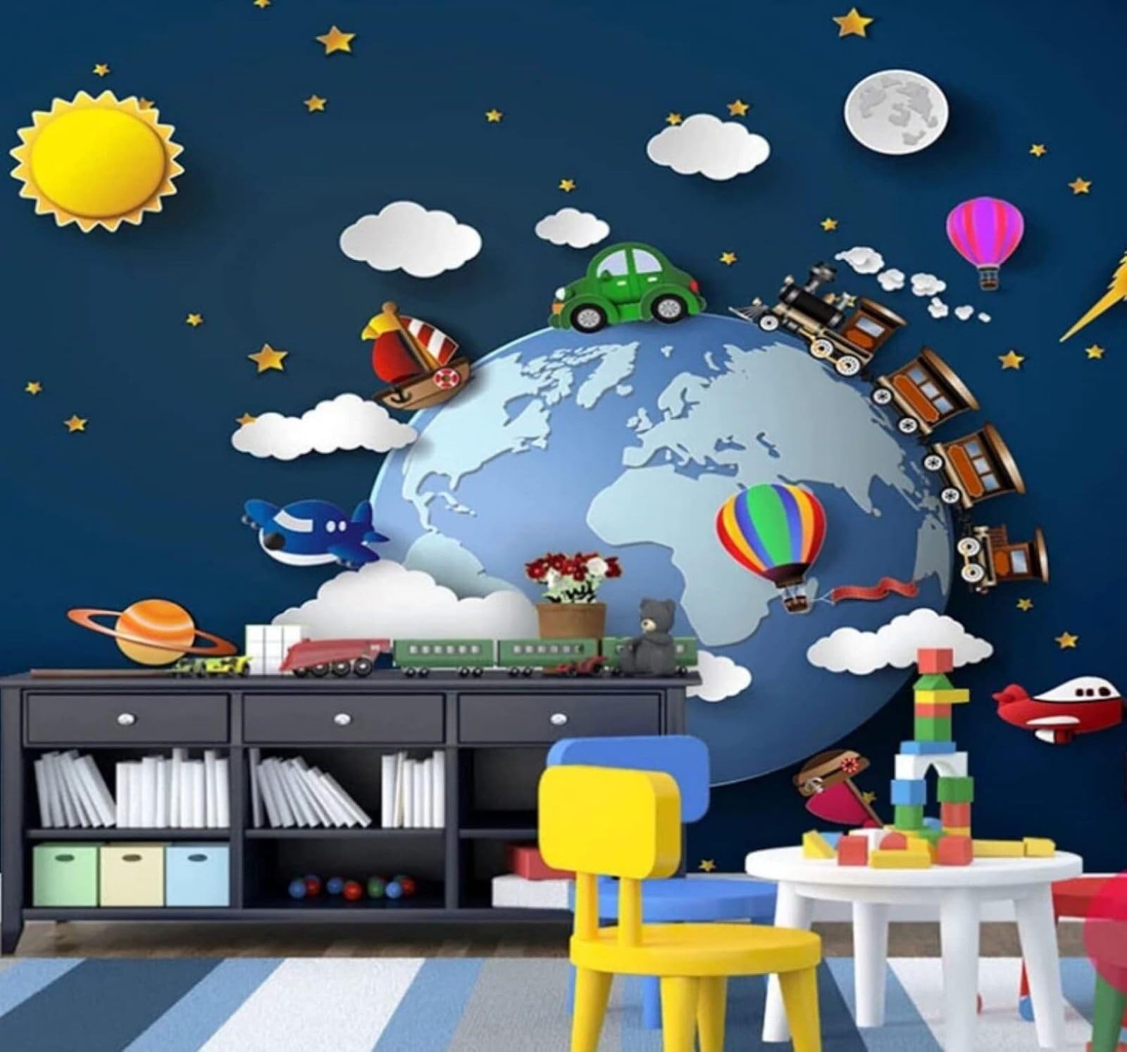 XLMING Cartoon Starry Sky Earth Little Train Balloons Rocket 3D Wallpaper Luxury Silk Study Dining Feature Sofa Grey Bedroom Living Room Tv Decorative Wall-200cm×140cm