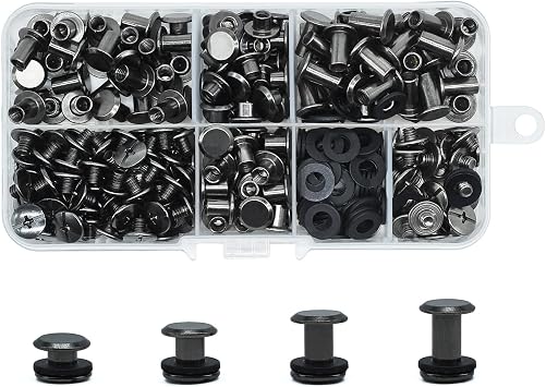 Set of 120 Chicago Screws 4/6/8/10 mm Glossy Black for DIY Leather