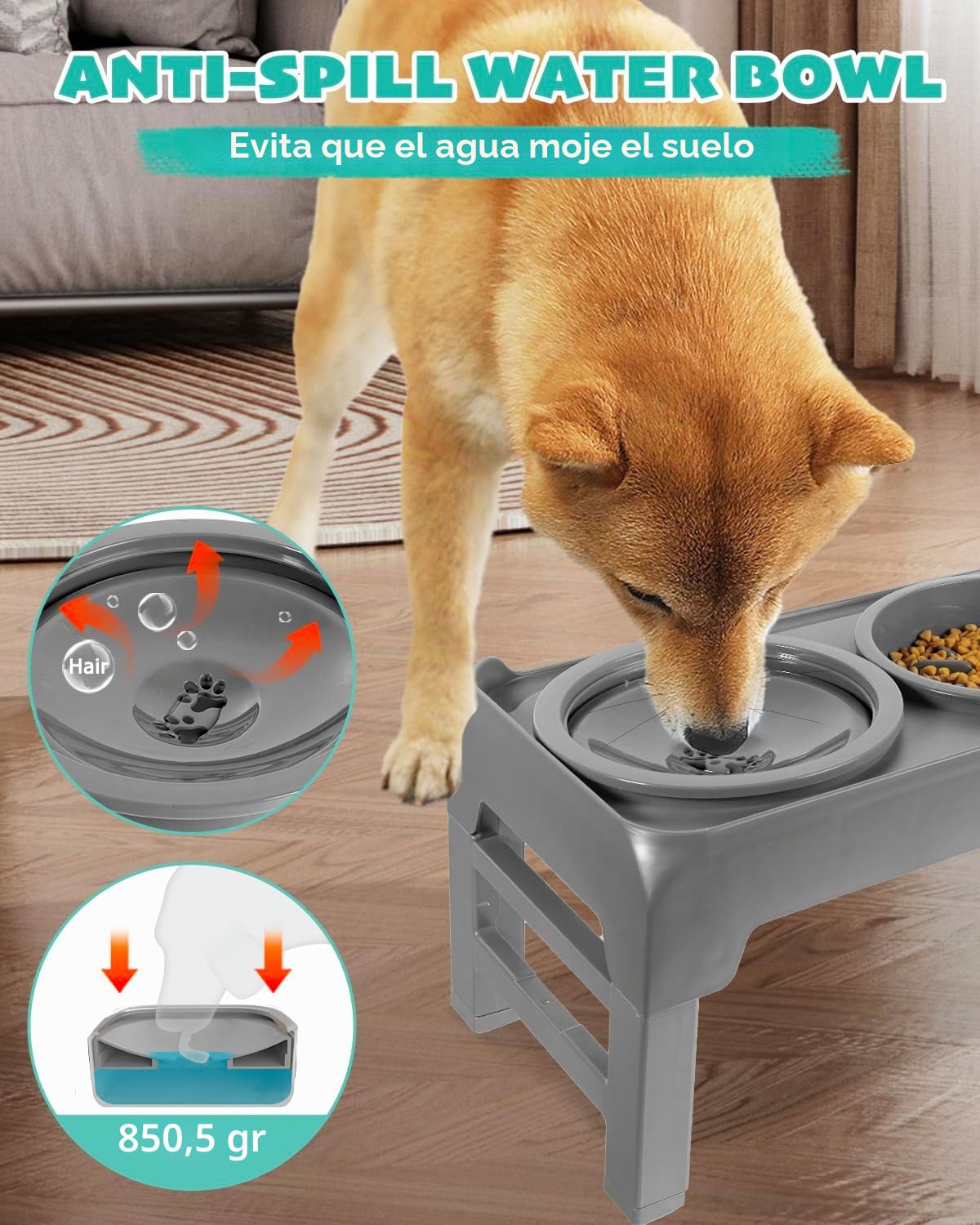 SCHITEC Comederos Elevados para Perros,Soporte Elevado Cuenco para Perro con Comedero Lento y Cuenco de Agua Sin Derrames,4 Alturas Ajustables Comedero para Perros Grandes, Medianos y Pequeños